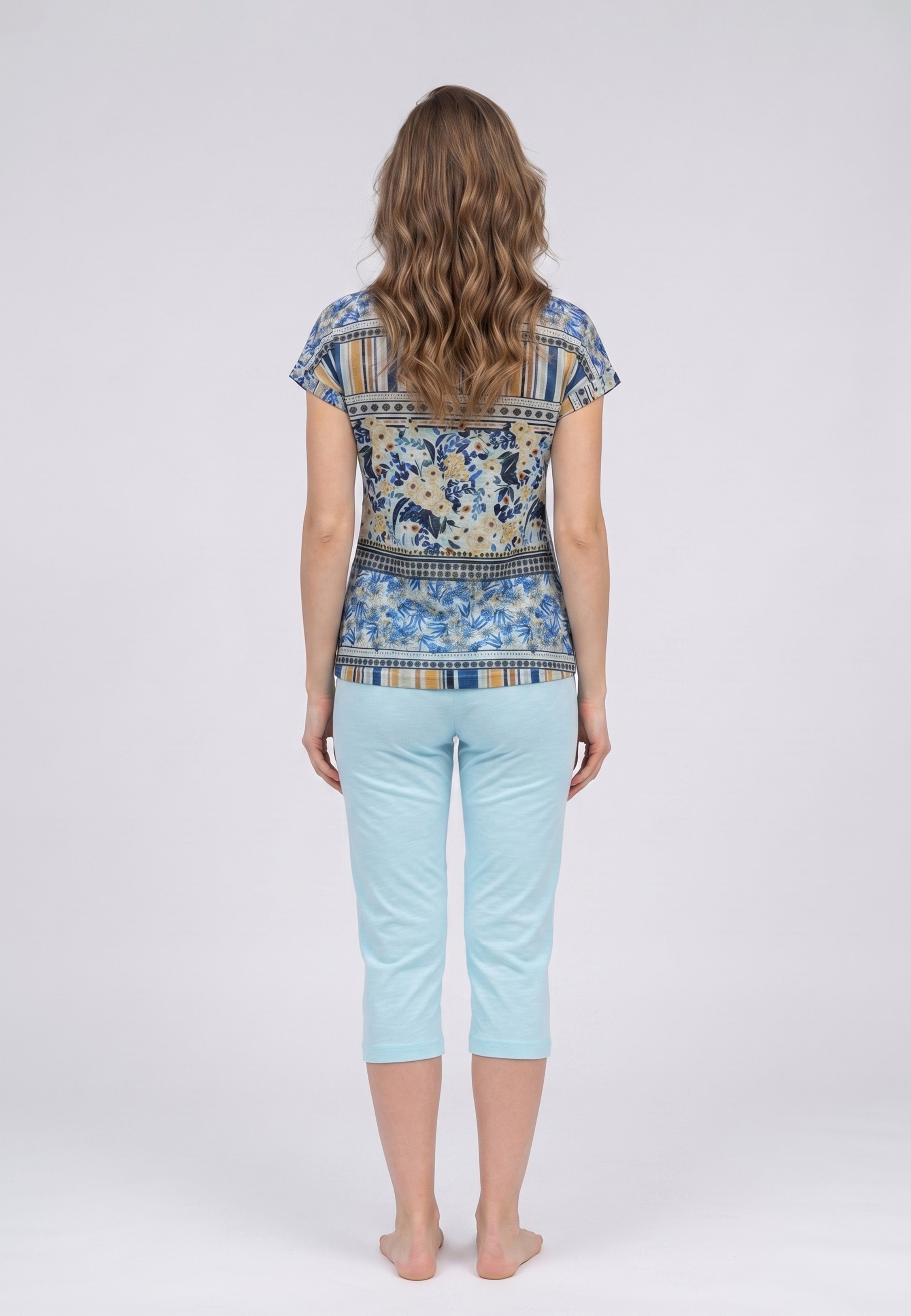 Ensemble Pyjama Femme Col Rond avec Manches Imprimées et Pantalon Court