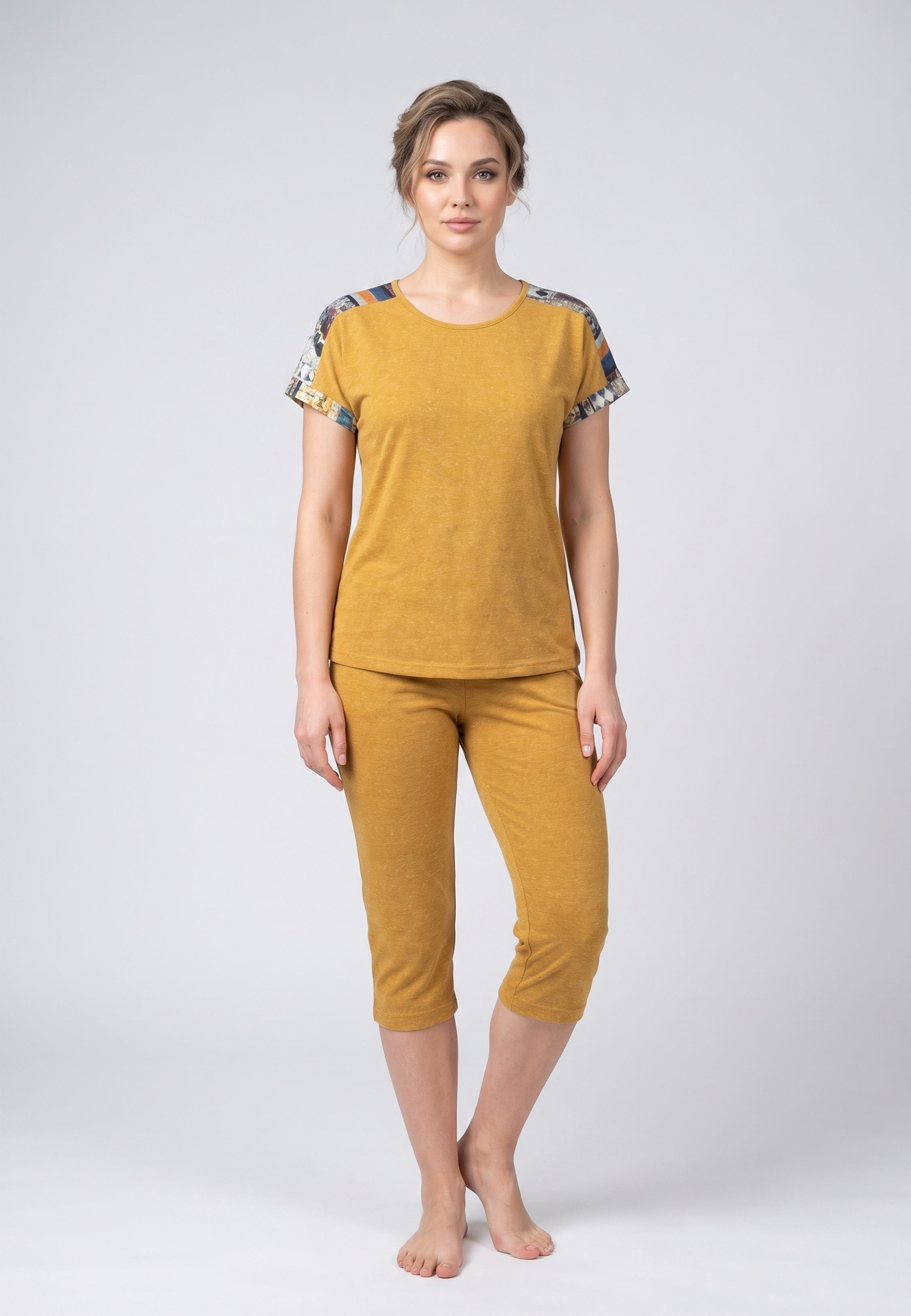 Ensemble Pyjama Femme Col Rond avec Manches Imprimées et Pantalon Court