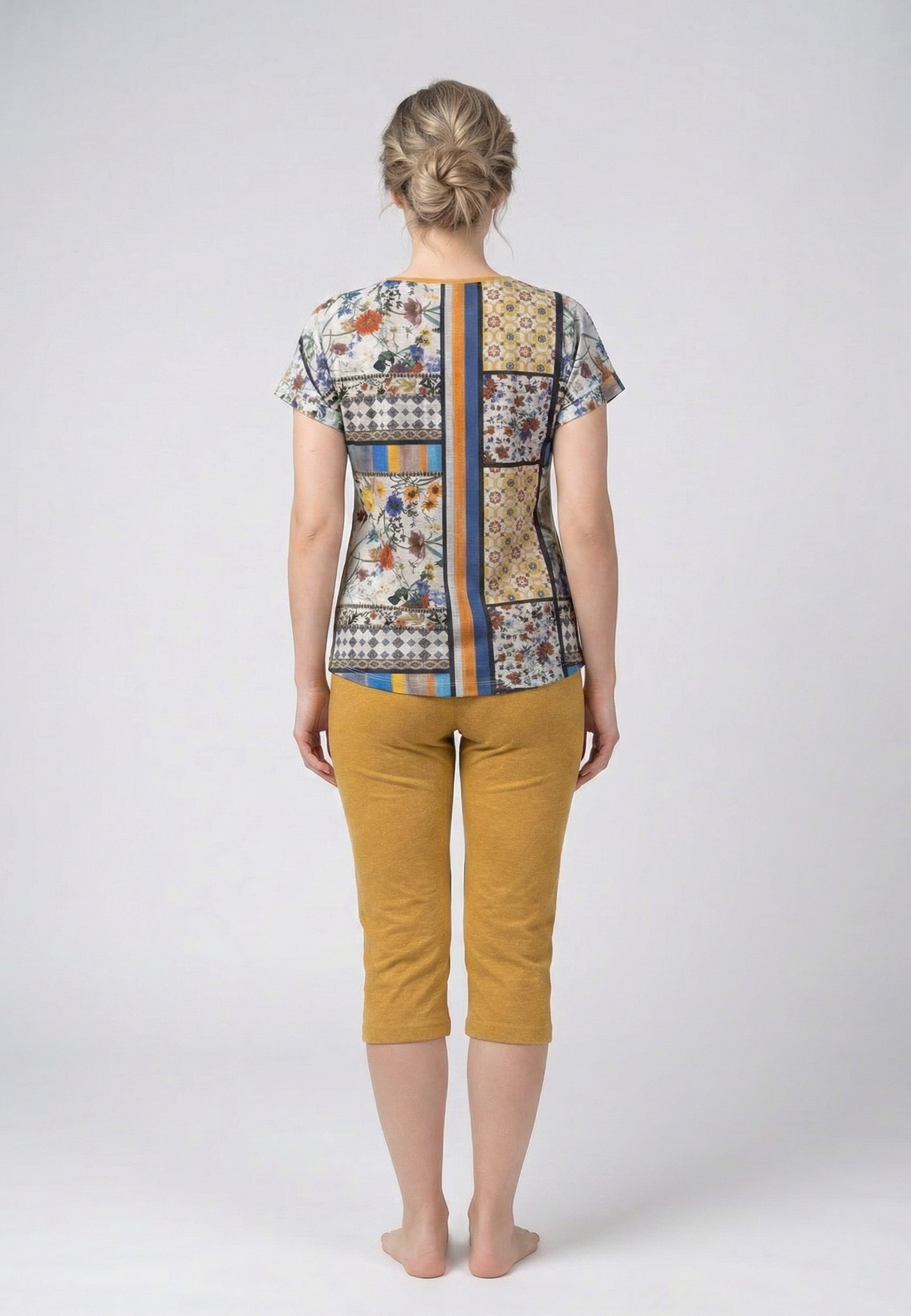 Ensemble Pyjama Femme Col Rond avec Manches Imprimées et Pantalon Court