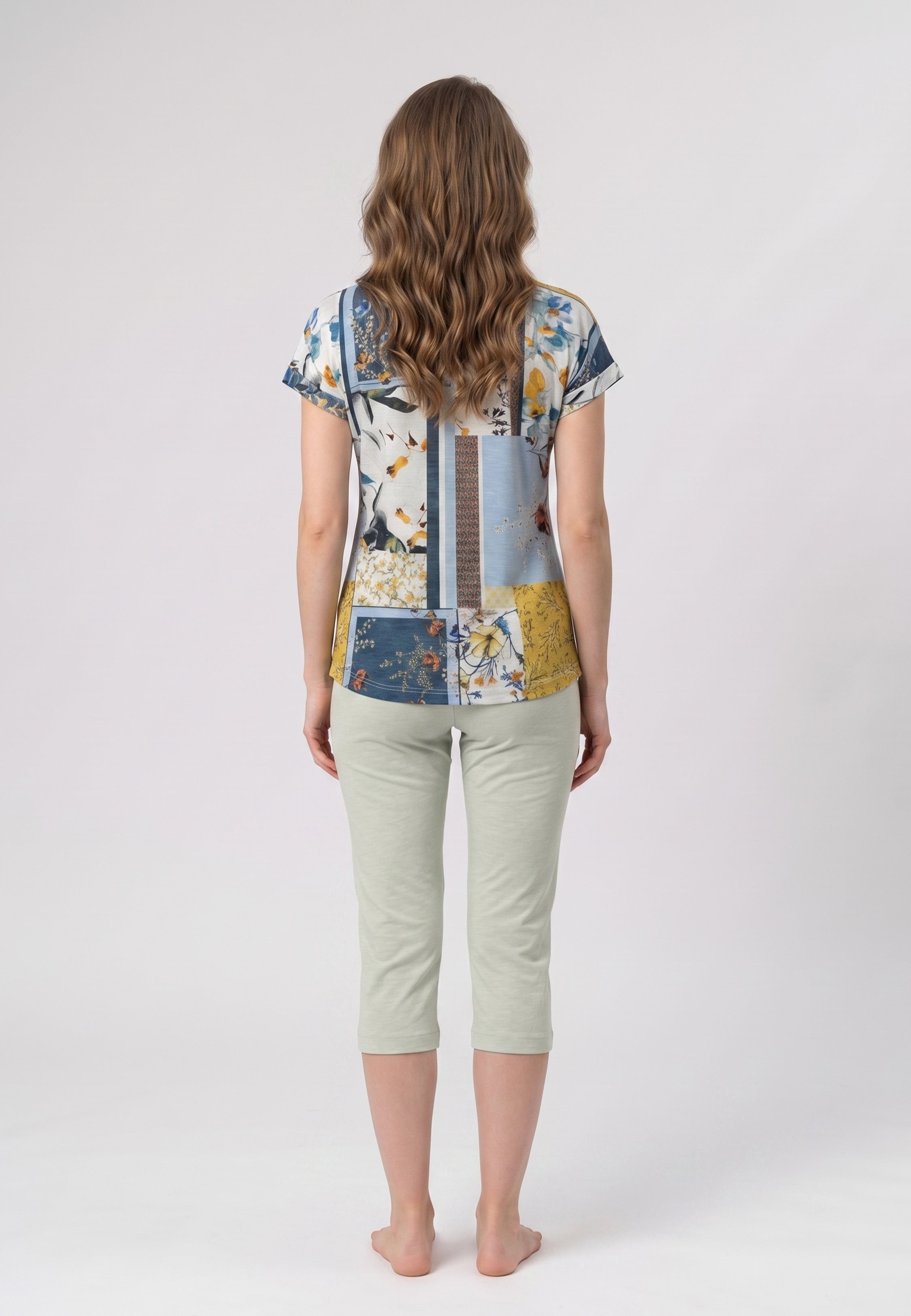 Ensemble Pyjama Femme Col Rond avec Manches Imprimées et Pantalon Court