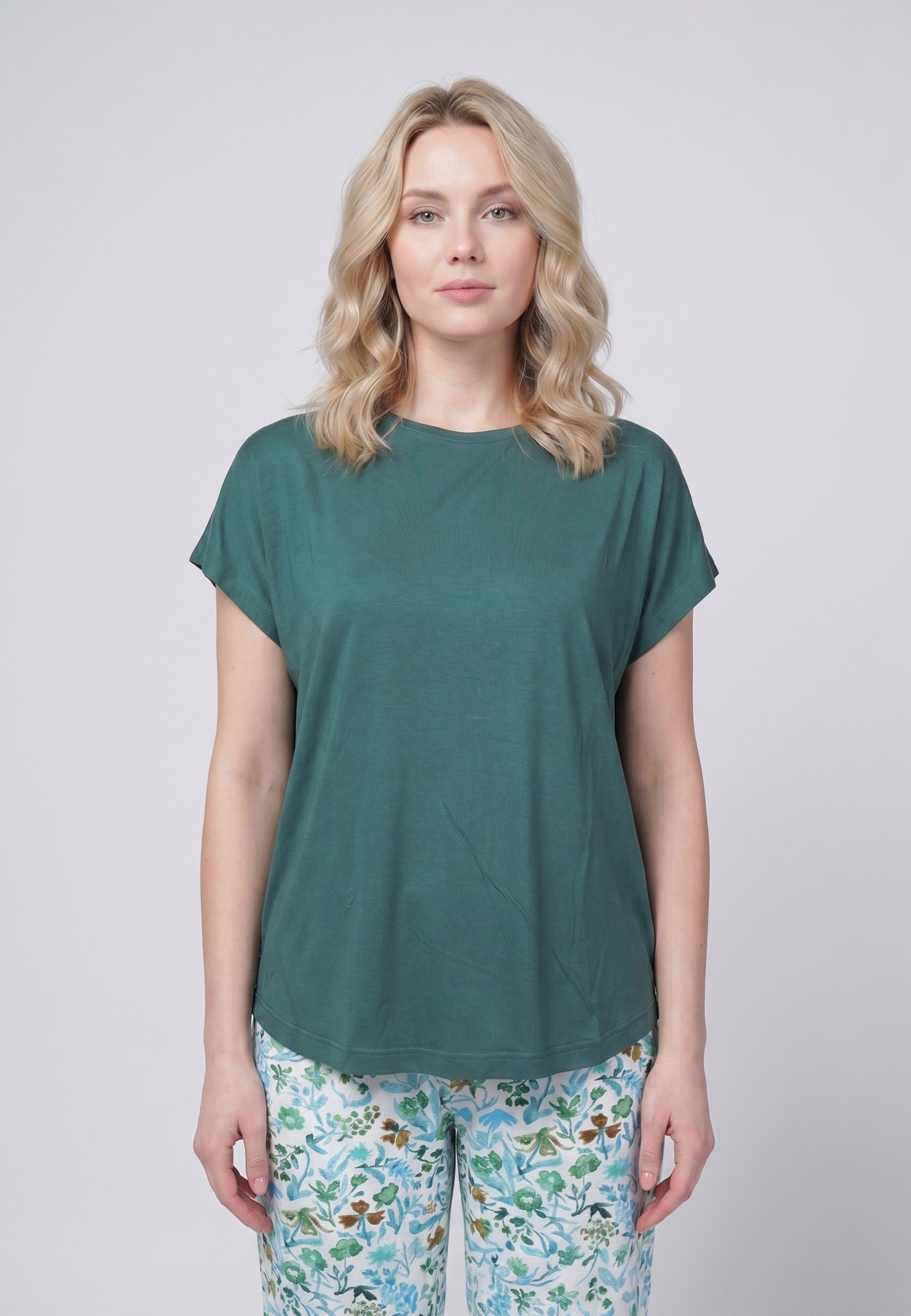 Ensemble Pyjama Femme T-shirt Uni Pantalon Long Fleuri