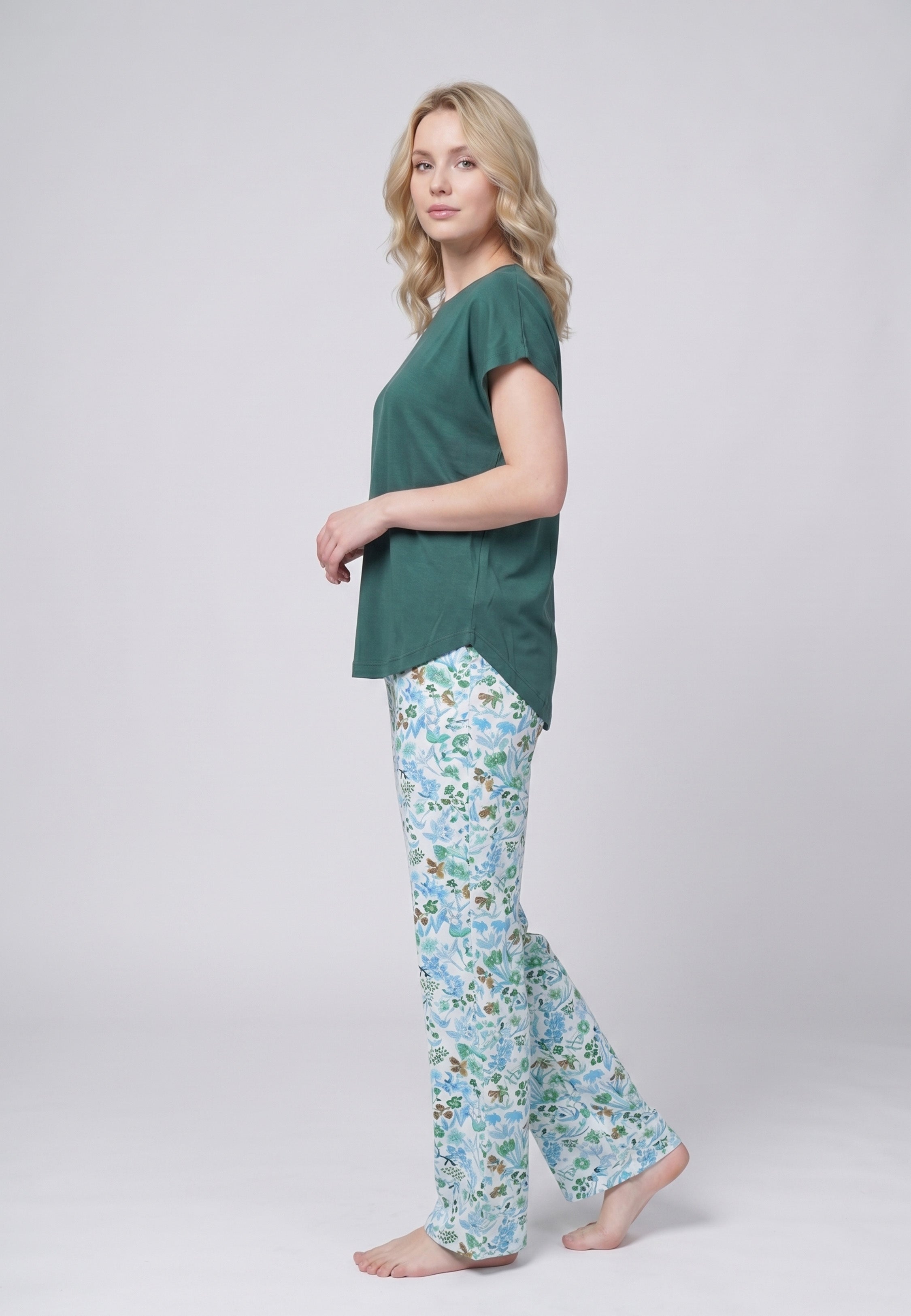 Ensemble Pyjama Femme T-shirt Uni Pantalon Long Fleuri