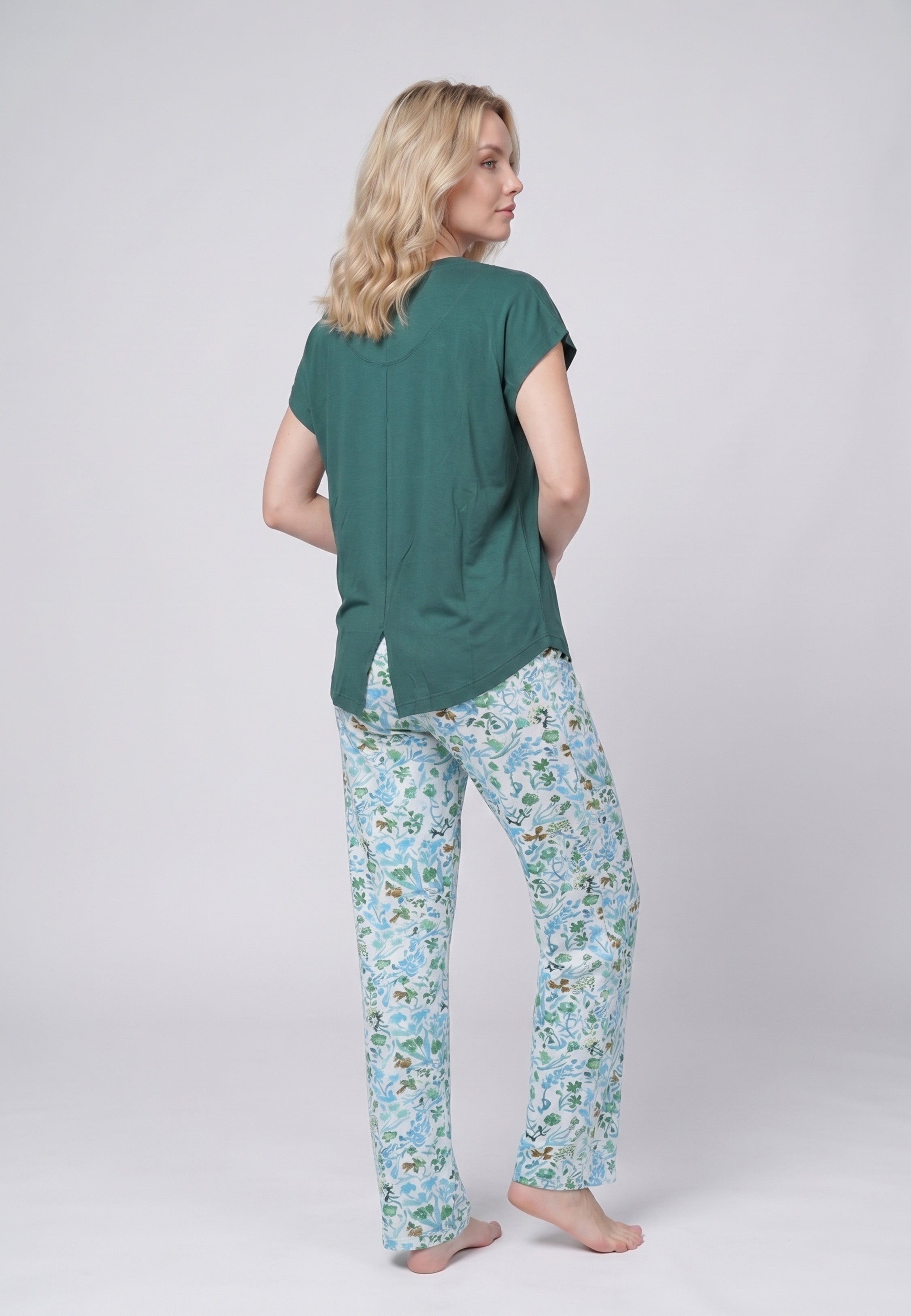 Ensemble Pyjama Femme T-shirt Uni Pantalon Long Fleuri
