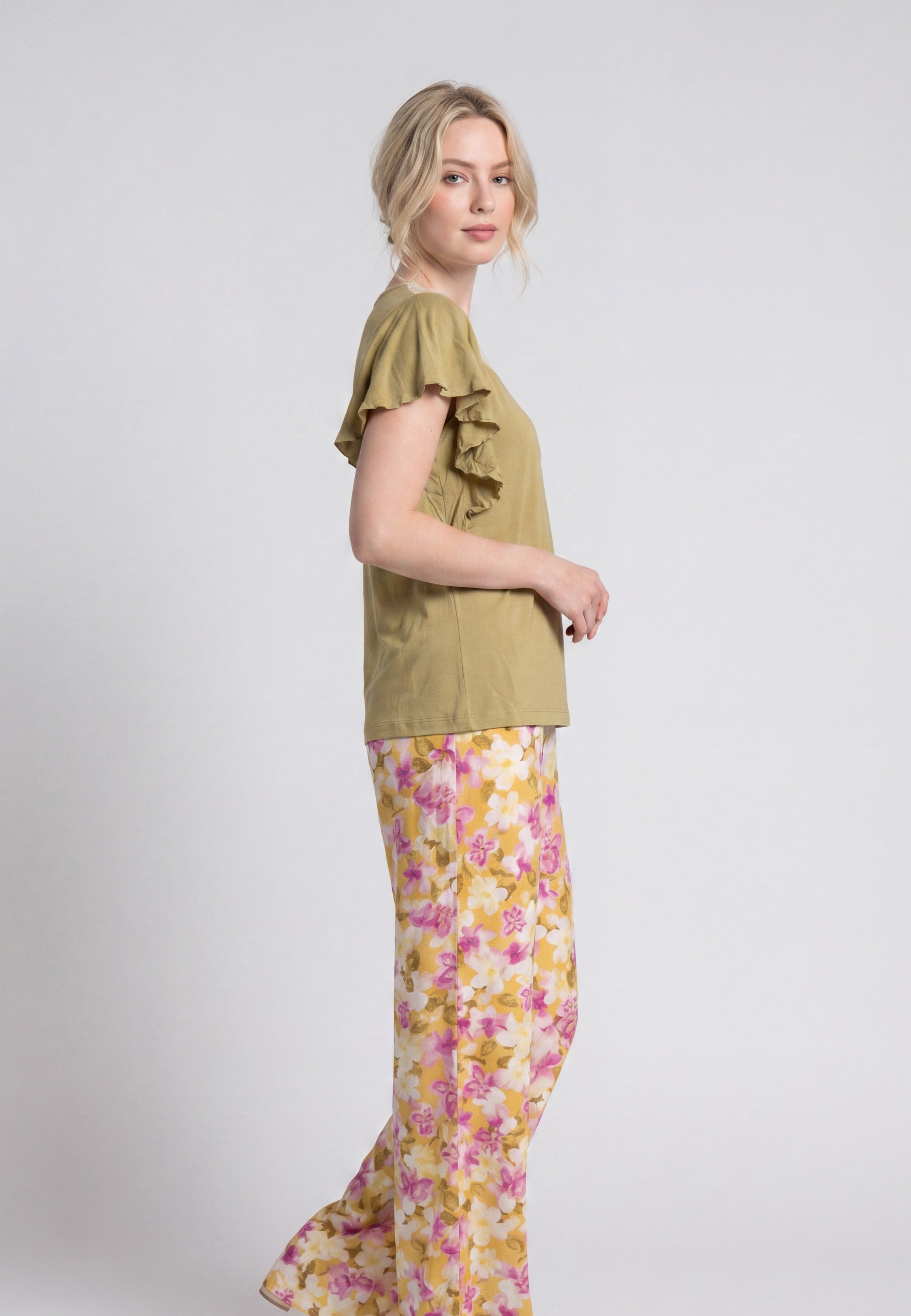 Pyjama T-Shirt Manches Volantées Dentelle & Pantalon Fleuri