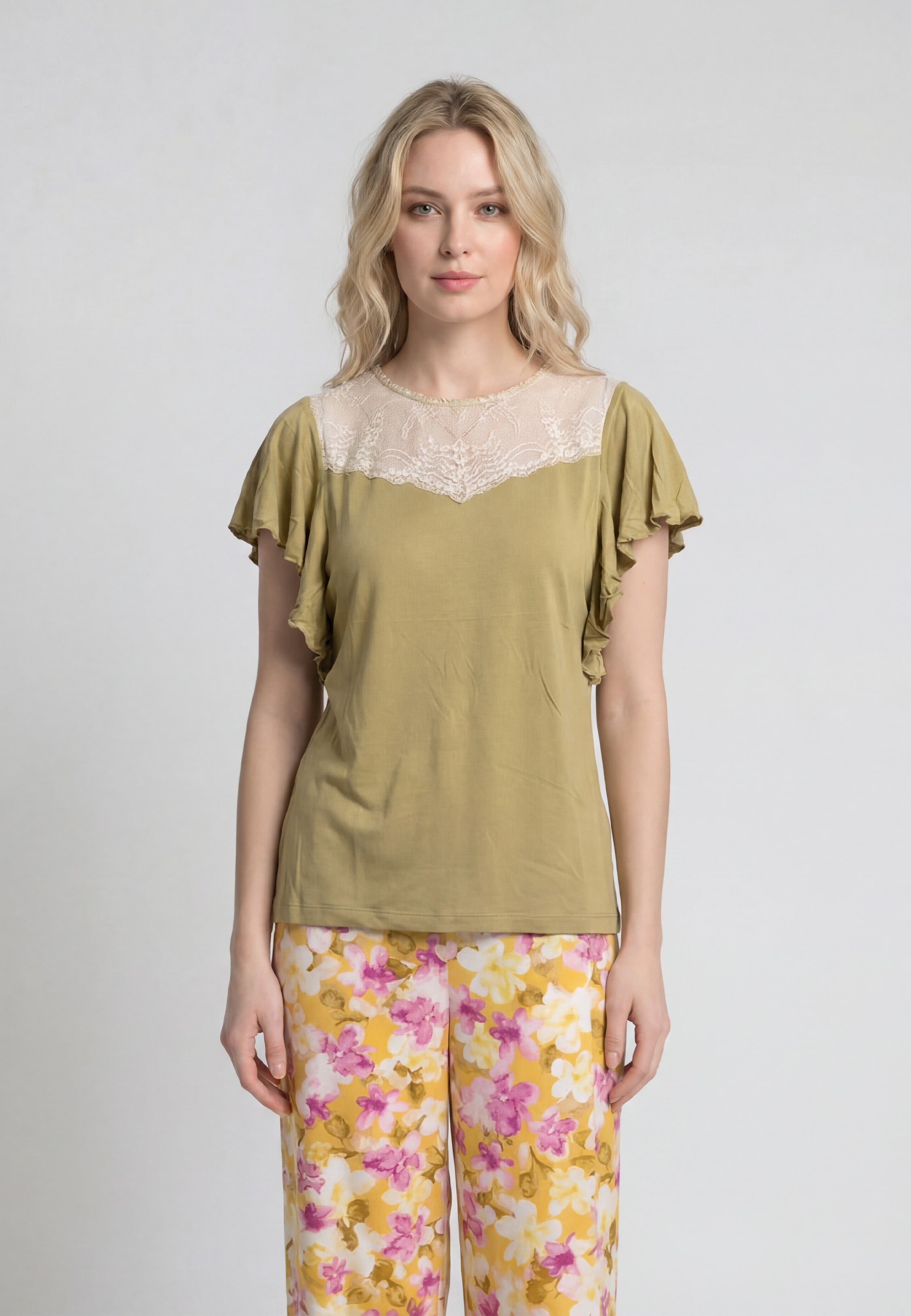 Pyjama T-Shirt Manches Volantées Dentelle & Pantalon Fleuri