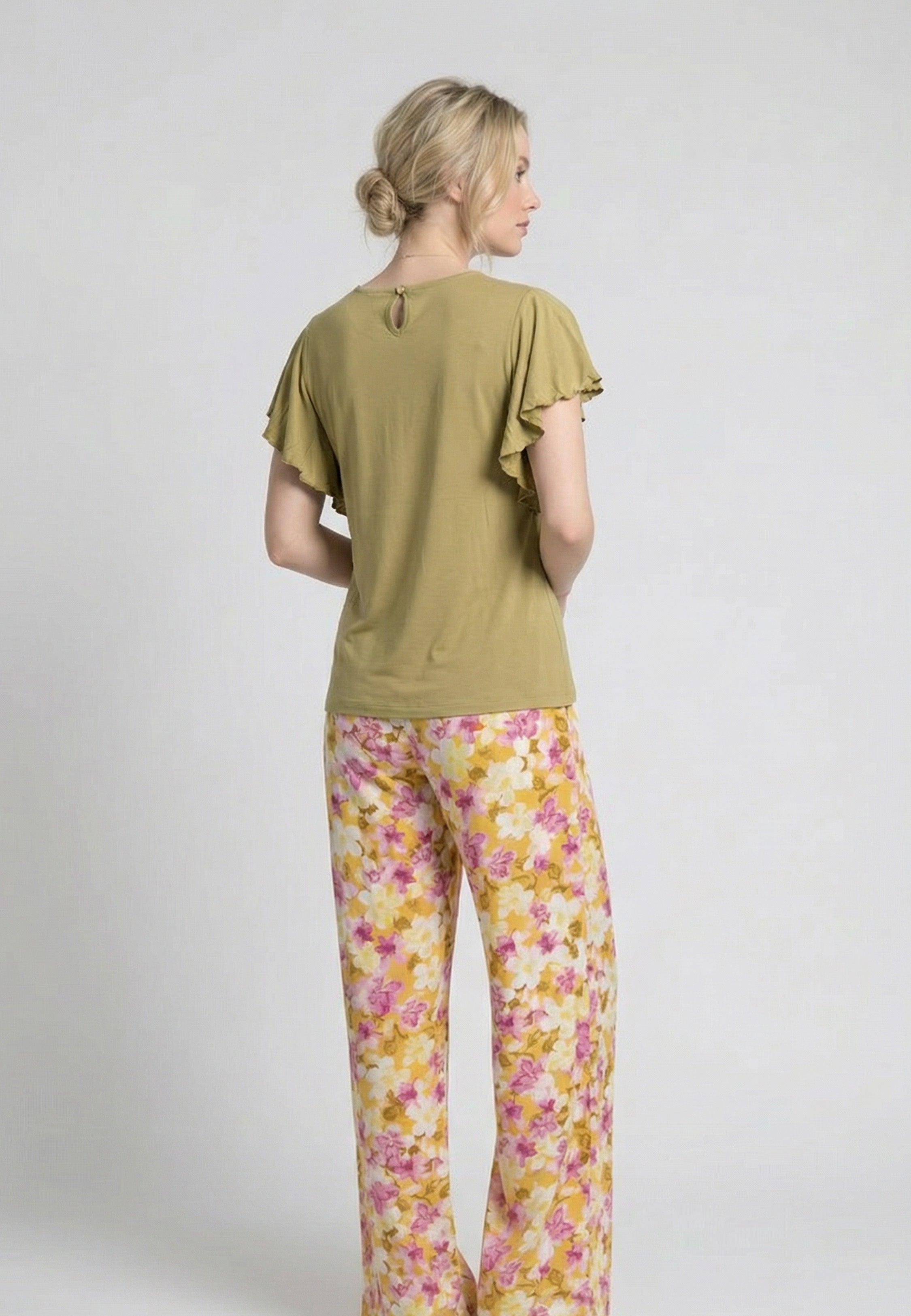 Pyjama T-Shirt Manches Volantées Dentelle & Pantalon Fleuri