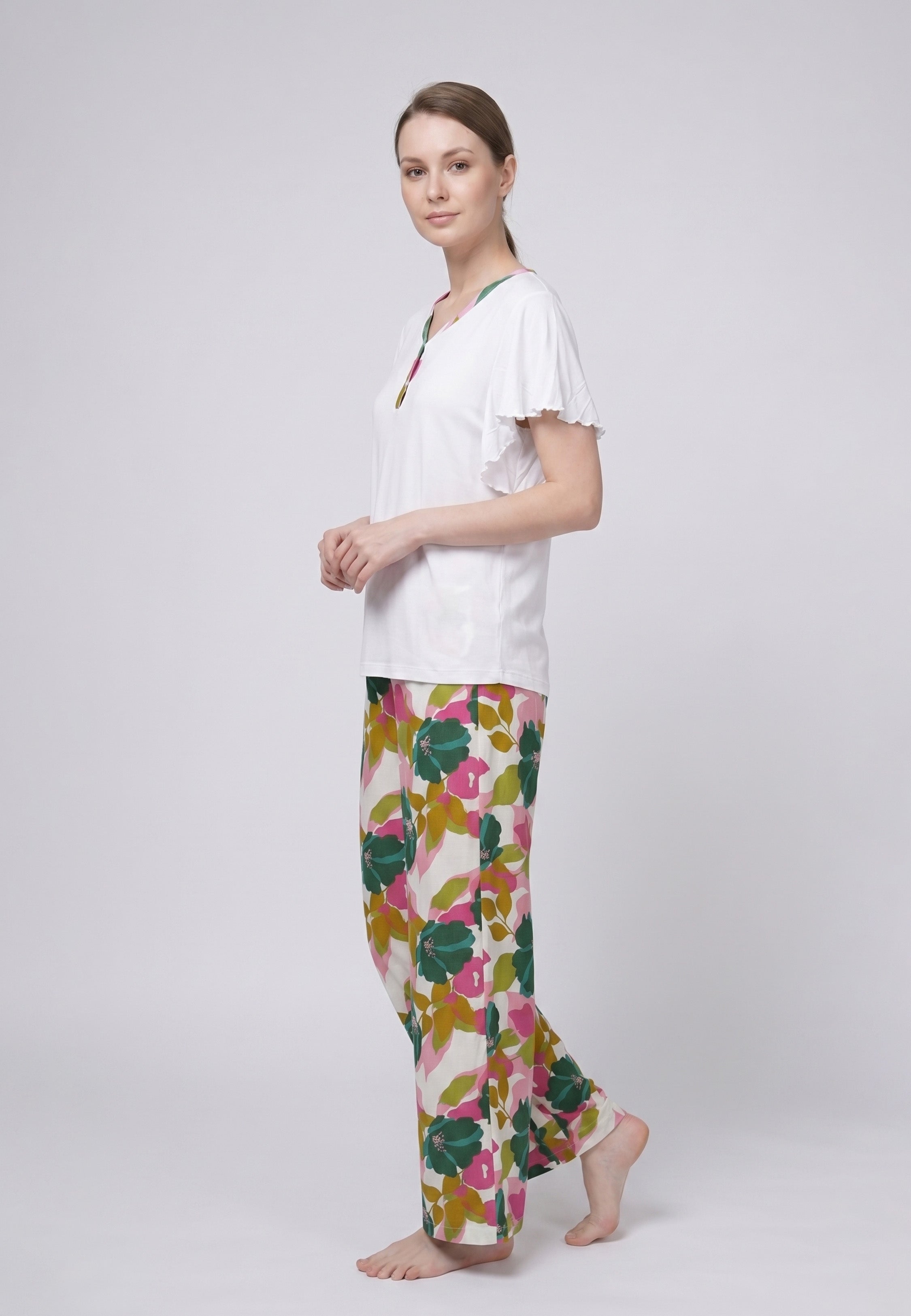 Pyjama T-Shirt Manches Papillon & Pantalon Fleuri