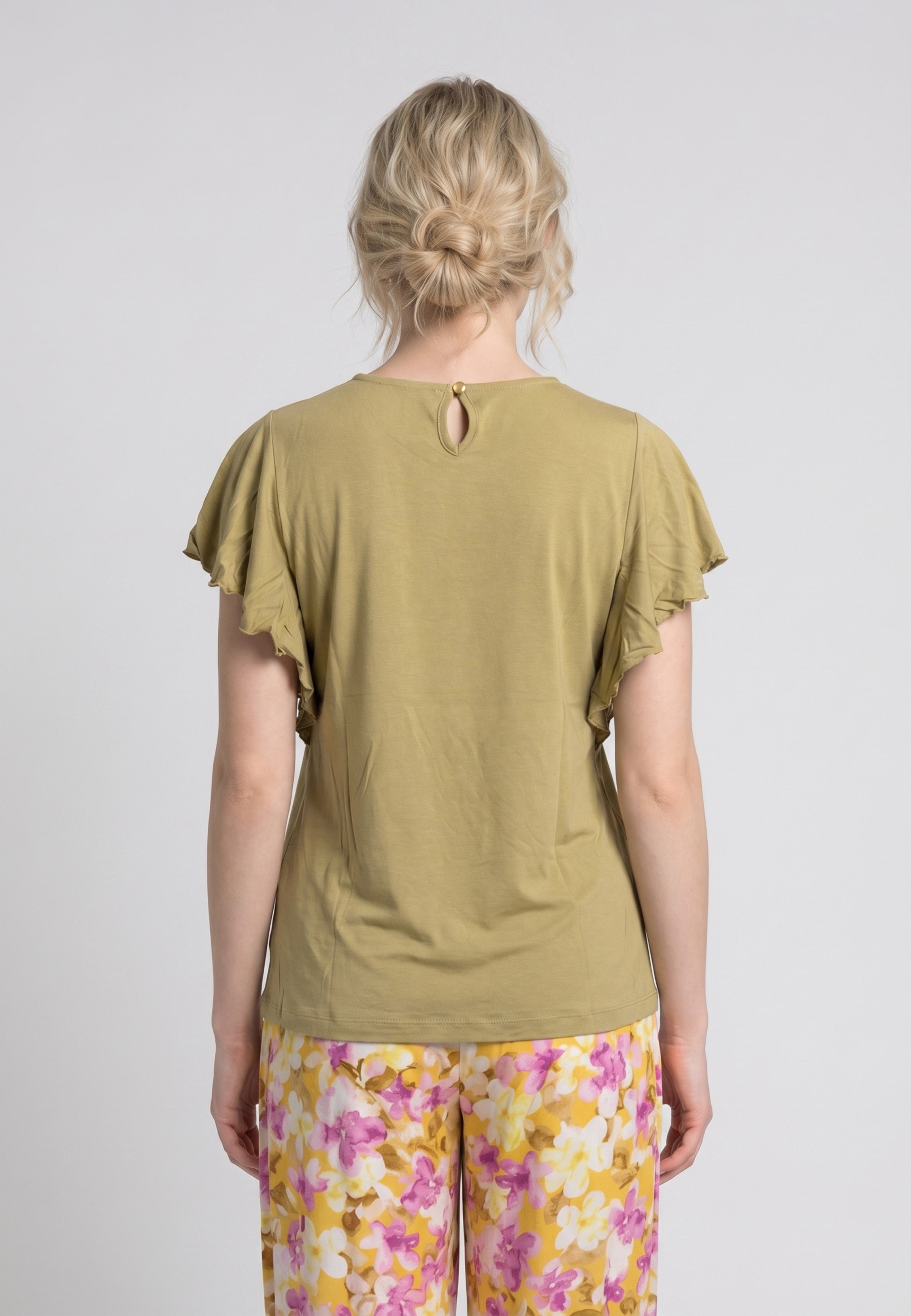 Pyjama T-Shirt Manches Volantées Dentelle & Pantalon Fleuri