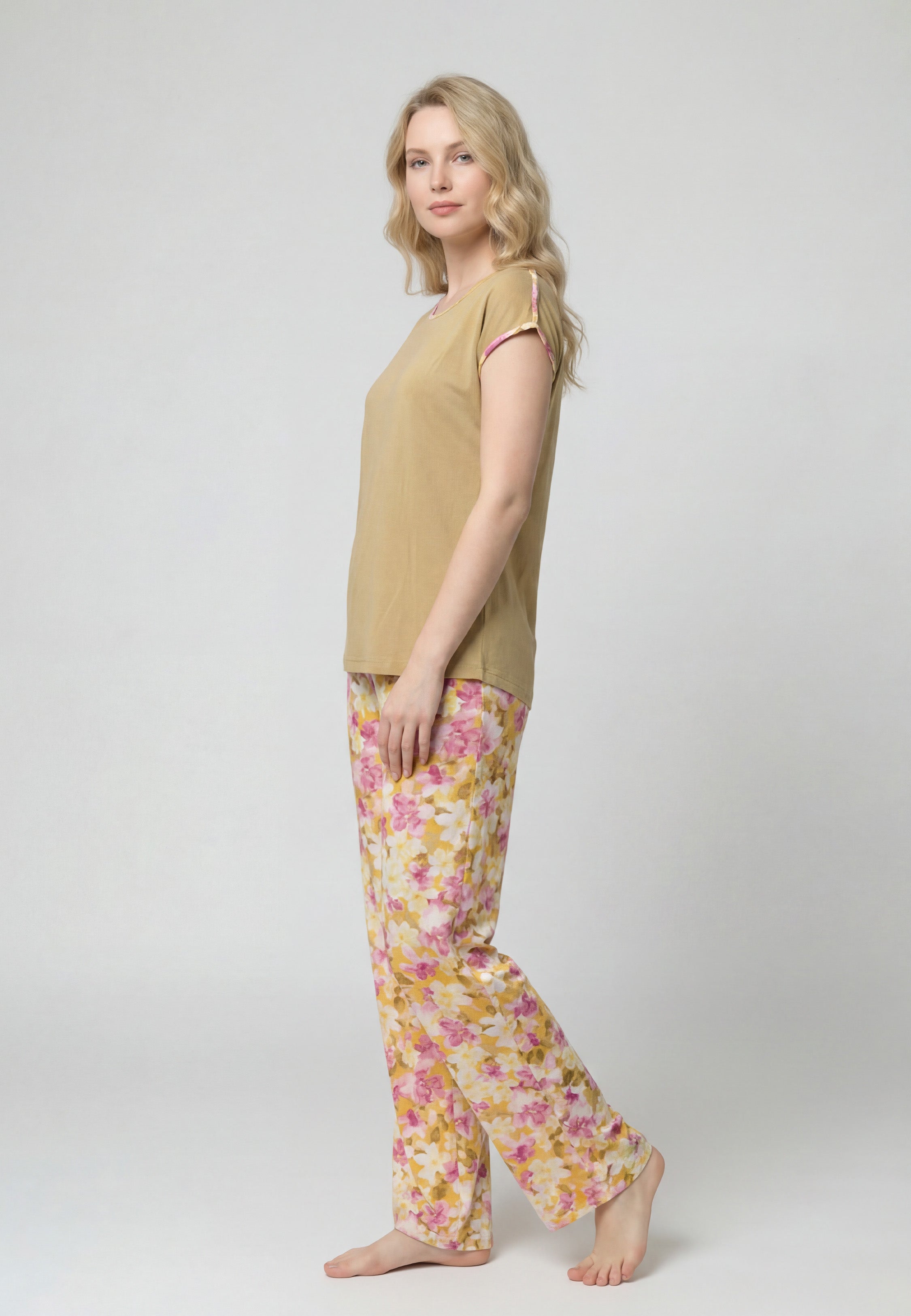 Pyjama T-Shirt Uni & Pantalon Fleuri