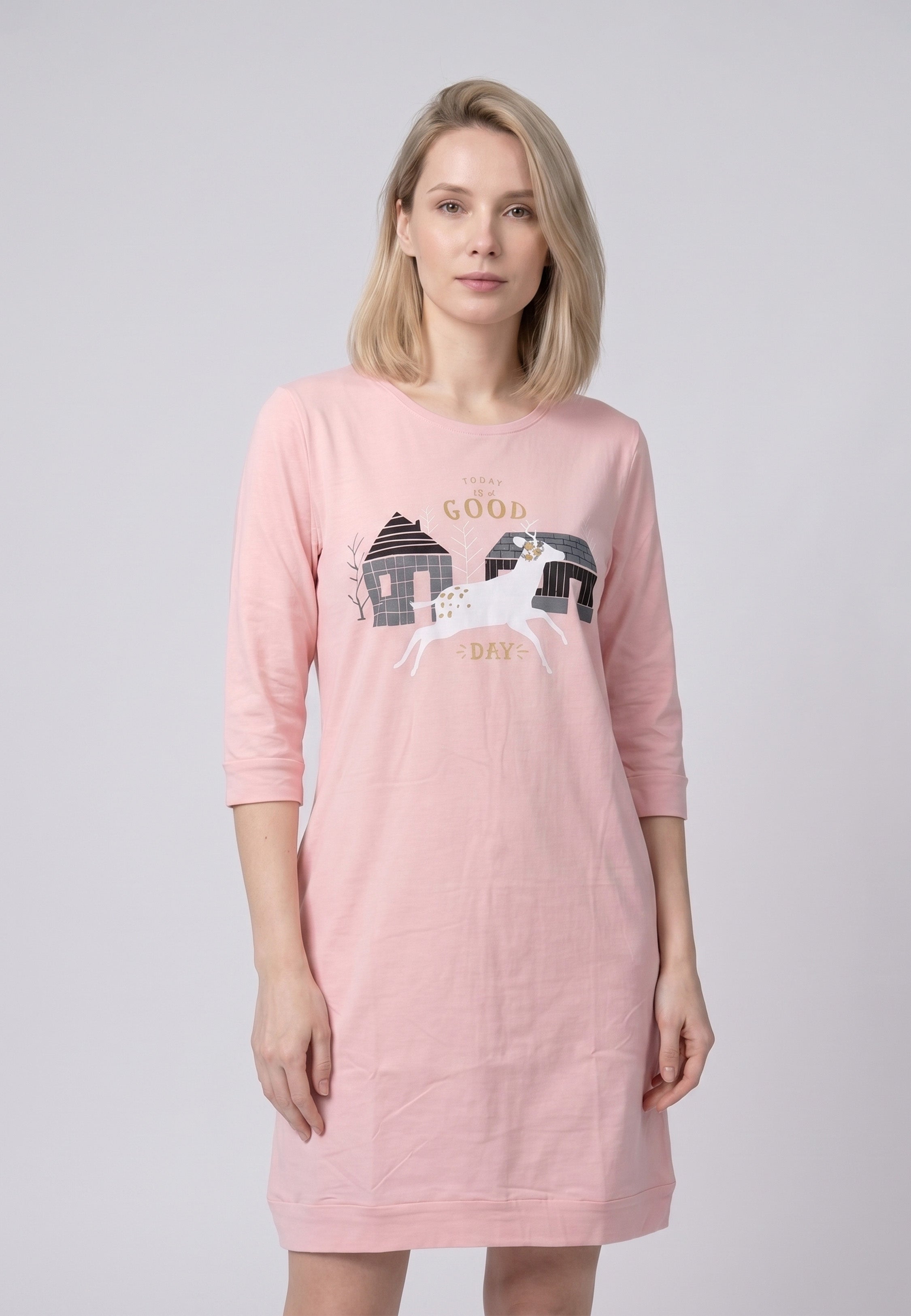 Chemise de nuit courte col rond manches 3/4 rose avec imprimé licorne et message fantaisie