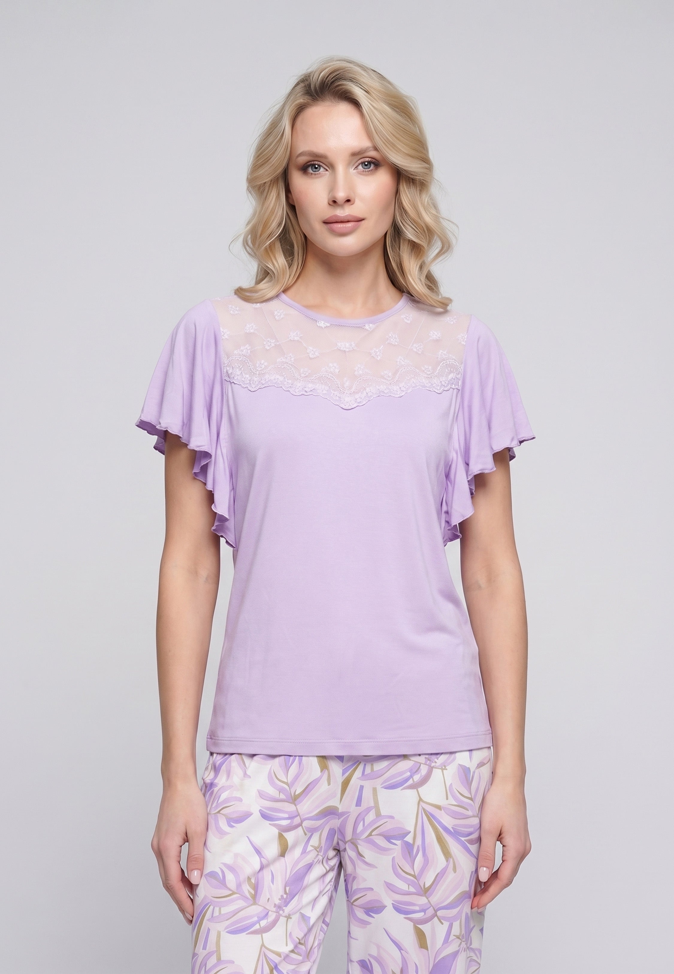 Pyjama T-Shirt Manches Volantées Dentelle & Pantalon Fleuri