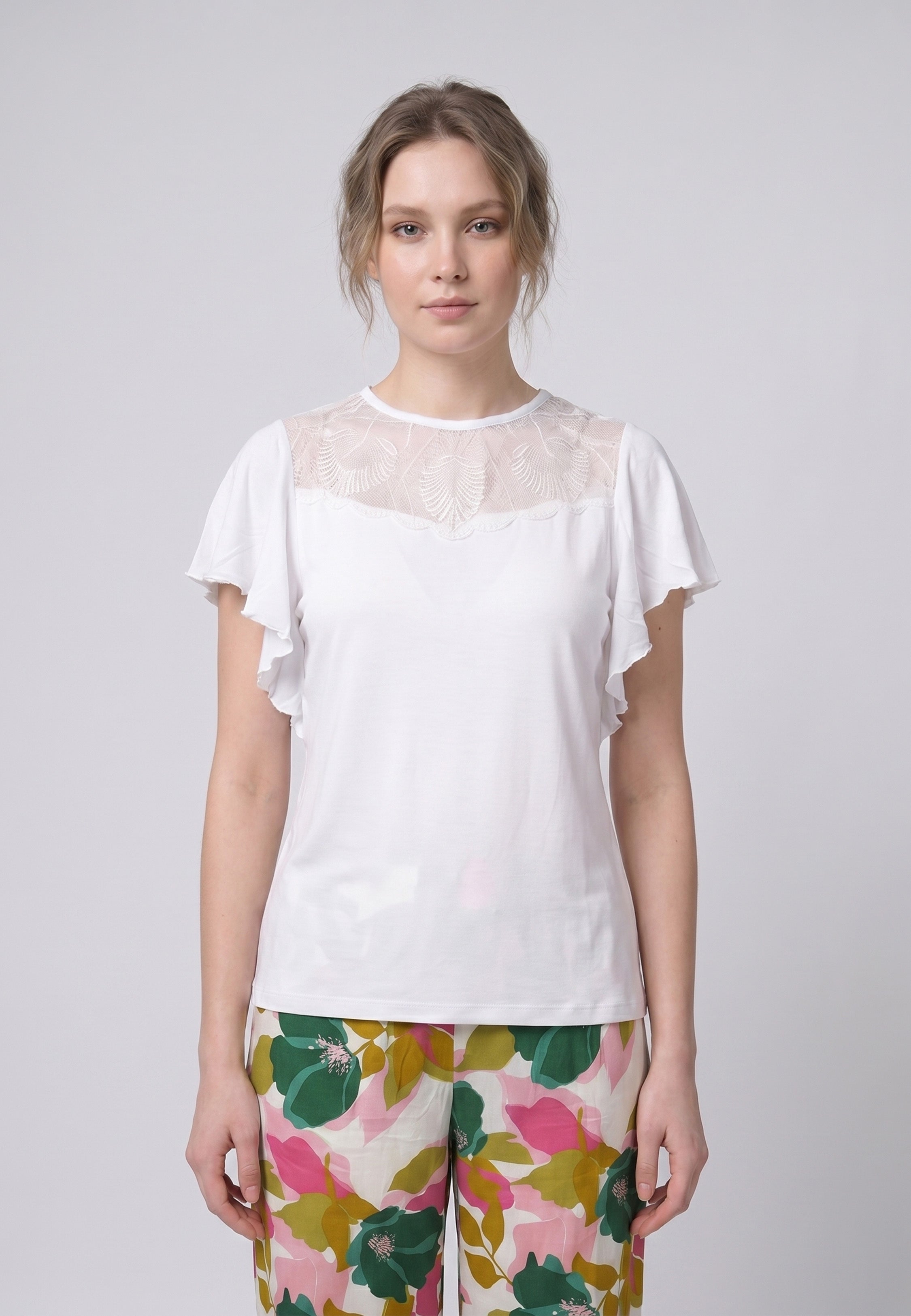 Pyjama T-Shirt Manches Volantées Dentelle & Pantalon Fleuri