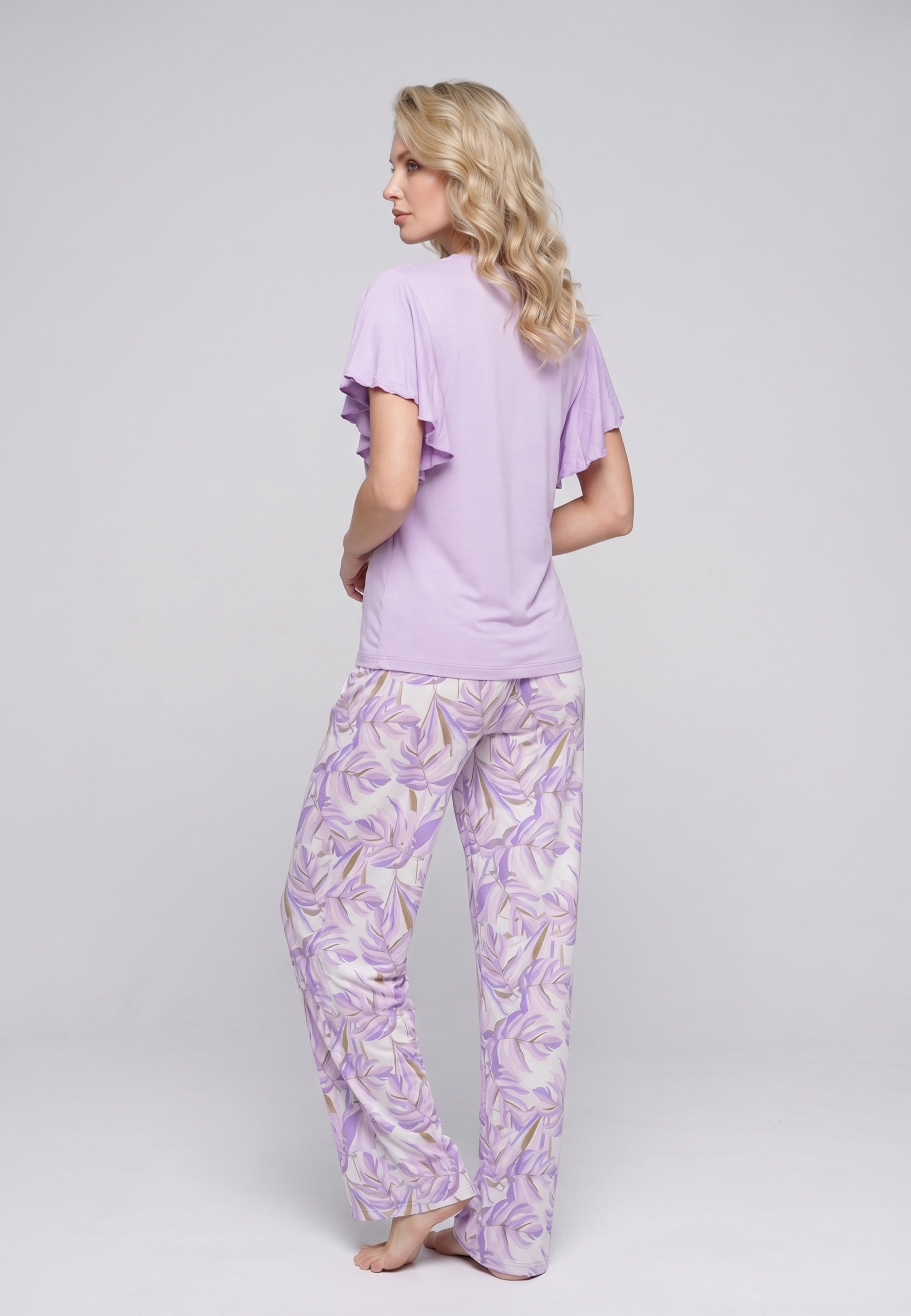Pyjama T-Shirt Manches Volantées Dentelle & Pantalon Fleuri