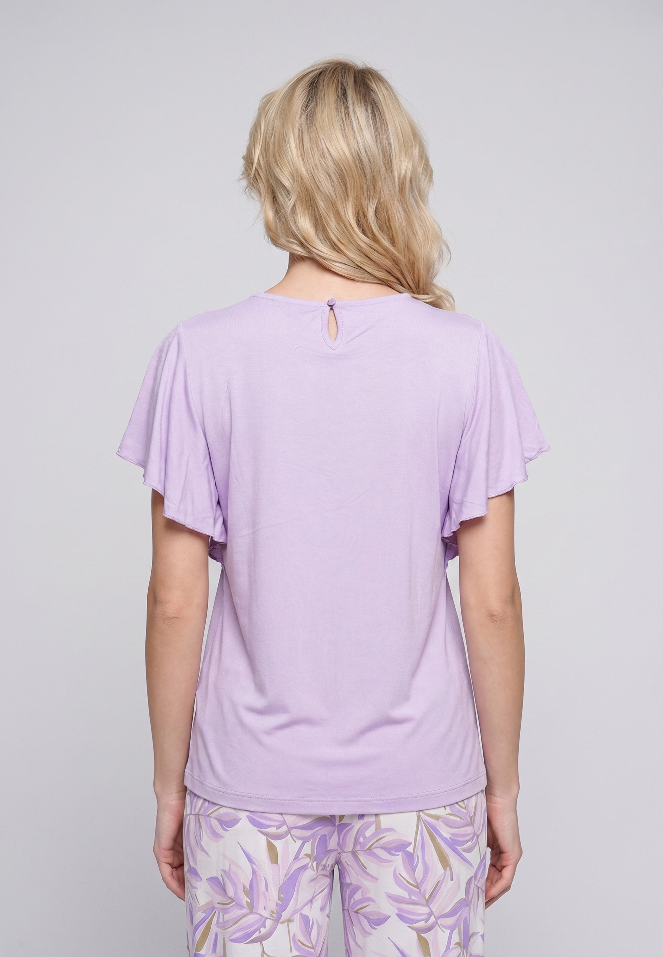 Pyjama T-Shirt Manches Volantées Dentelle & Pantalon Fleuri
