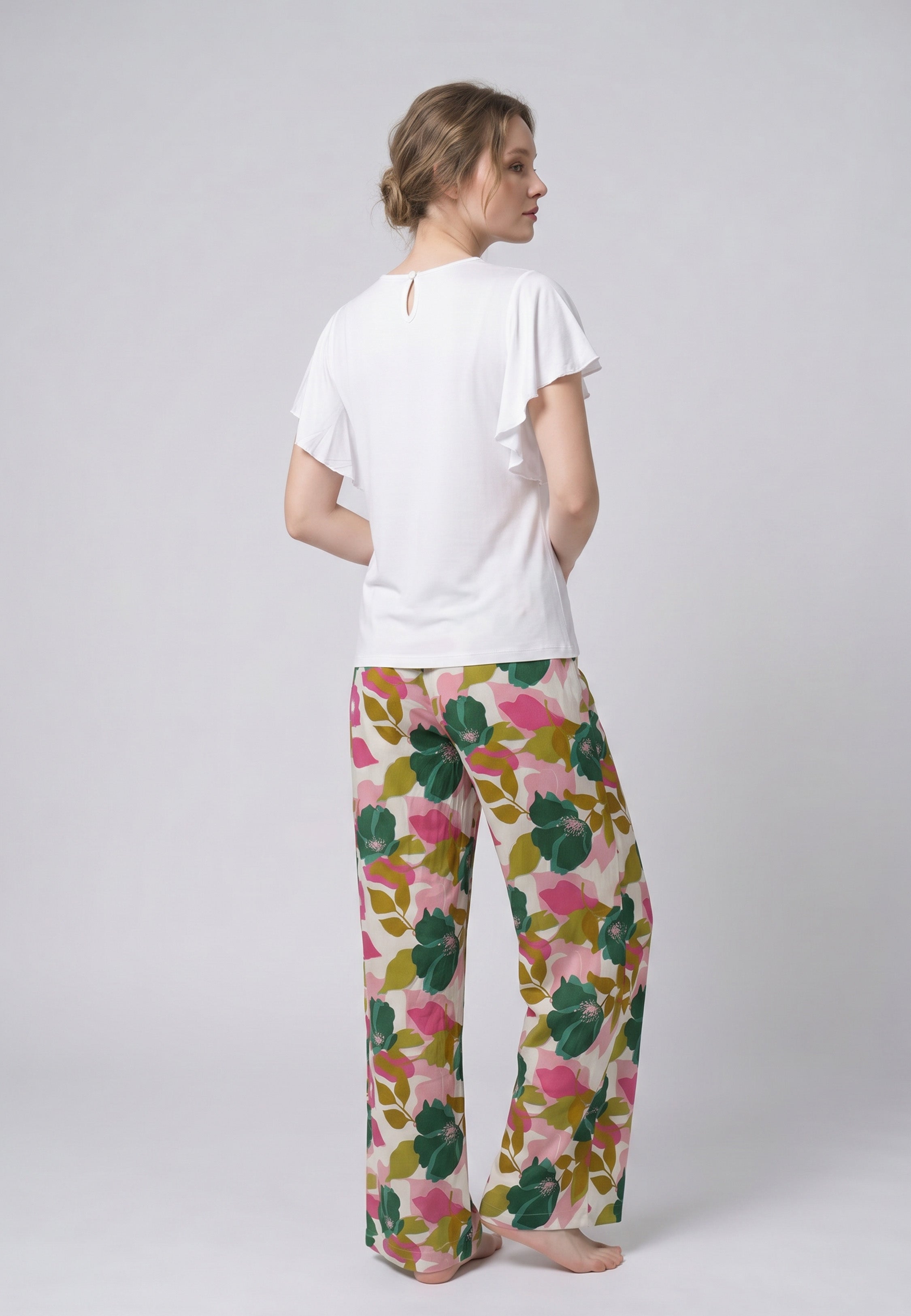 Pyjama T-Shirt Manches Volantées Dentelle & Pantalon Fleuri