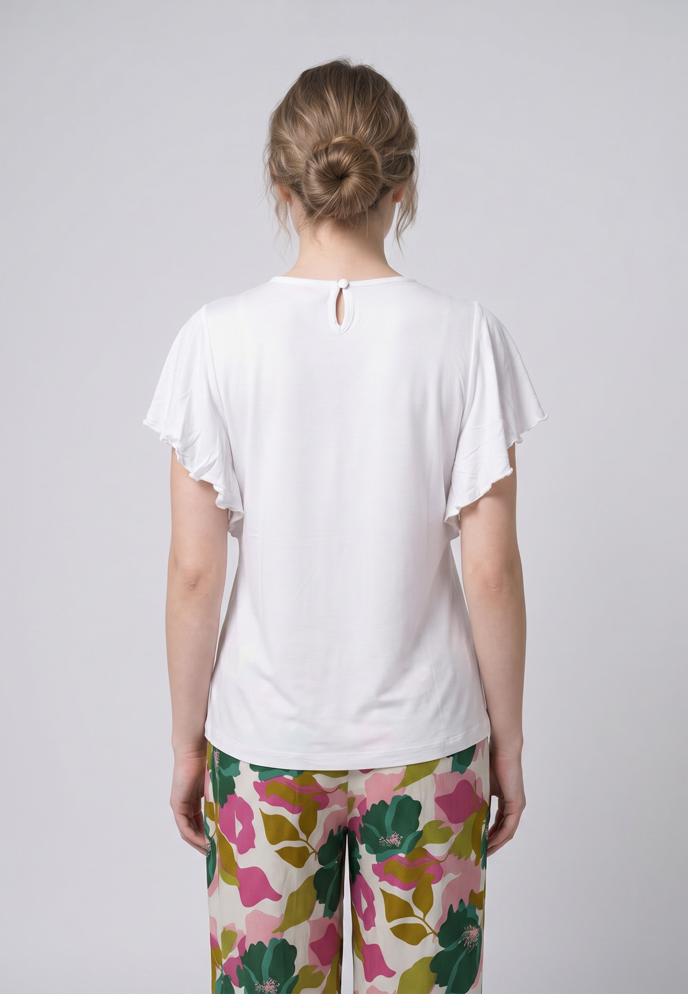 Pyjama T-Shirt Manches Volantées Dentelle & Pantalon Fleuri