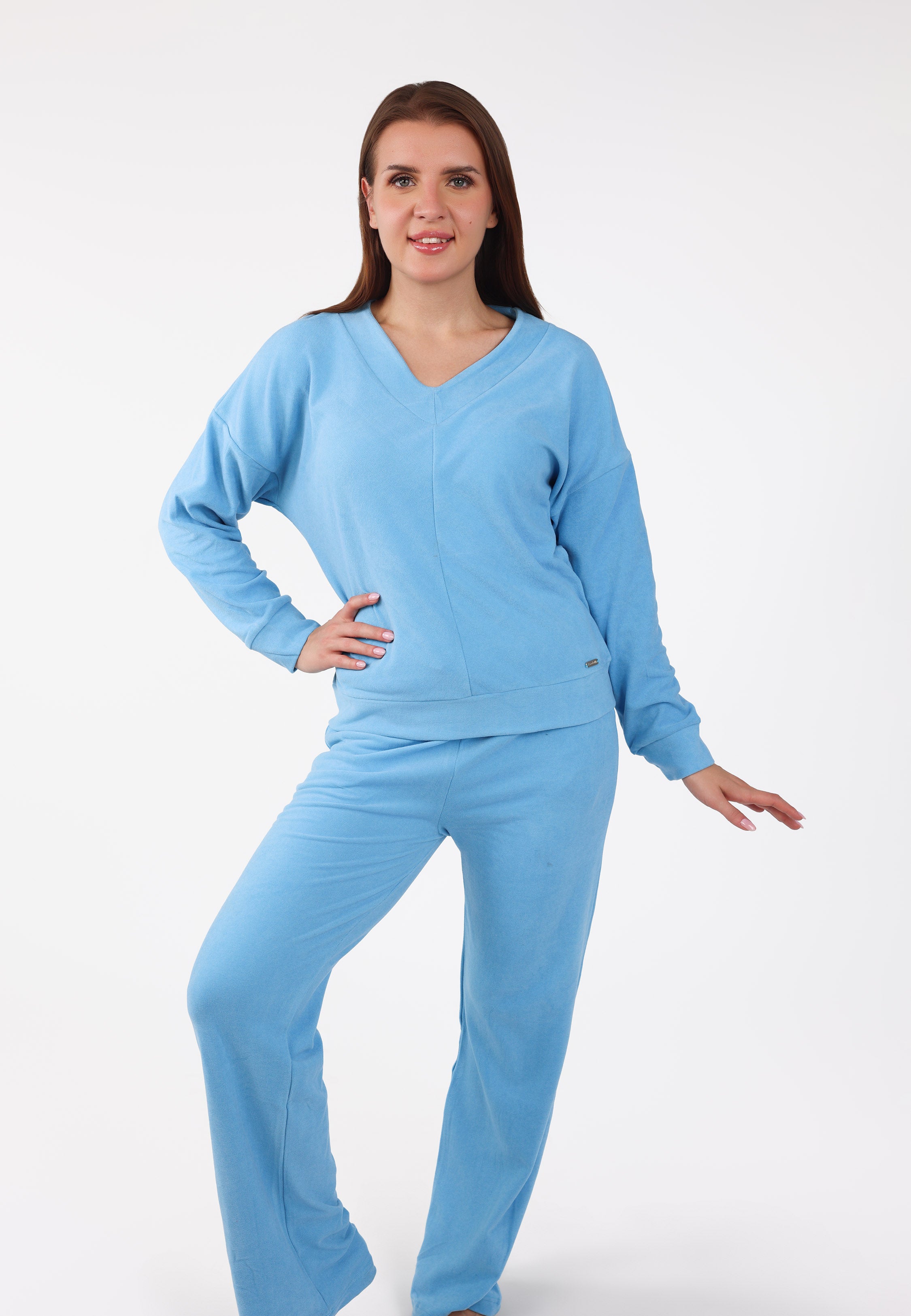 pyjama velours bleu ciel 2 pièces col v avec pantalon droit