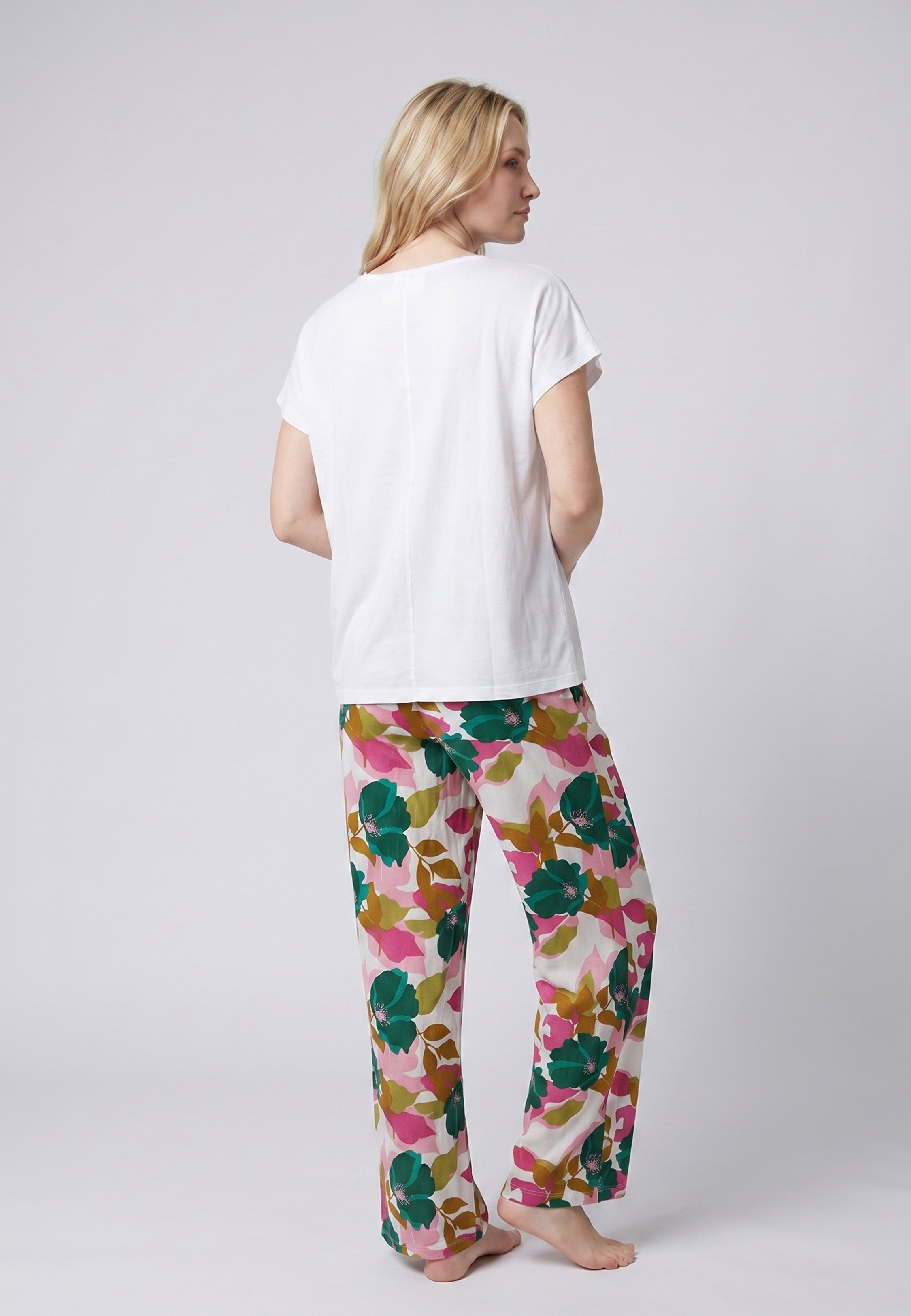 Pyjama T-Shirt Empiècement Dentelle & Pantalon Fleuri