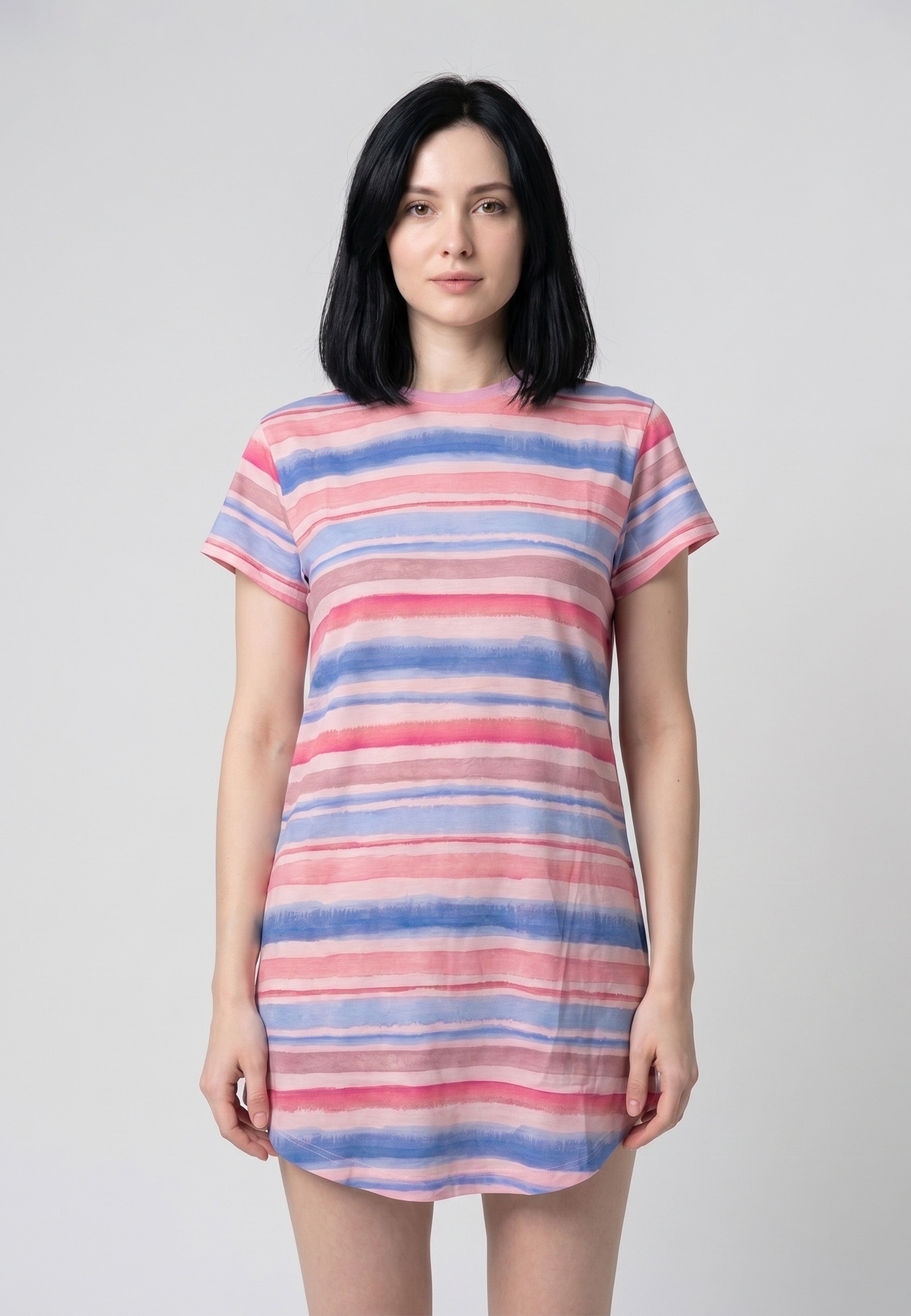 Chemise de nuit courte col rond avec rayures aquarelle multicolore rose lavande et saumon