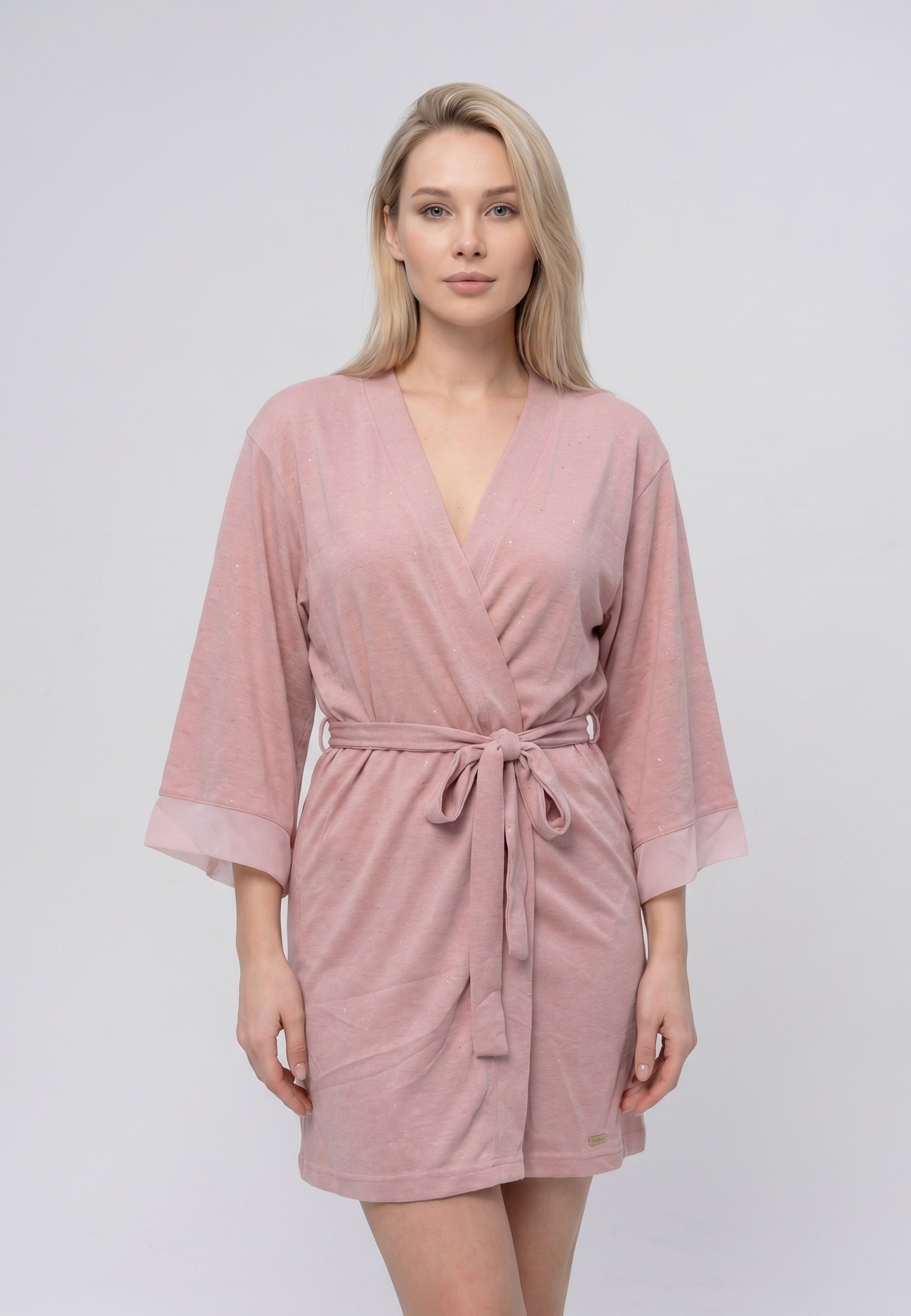 Kimono court col V croisé rose poudré chiné pailleté avec manches évasées