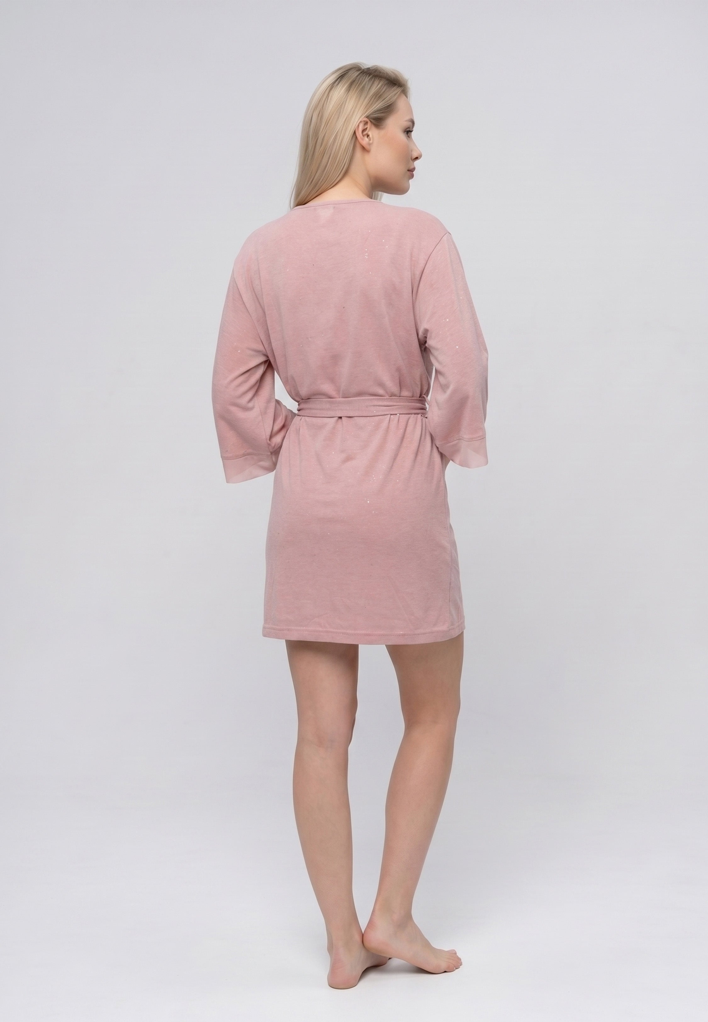 Kimono court col V croisé rose poudré chiné pailleté avec manches évasées