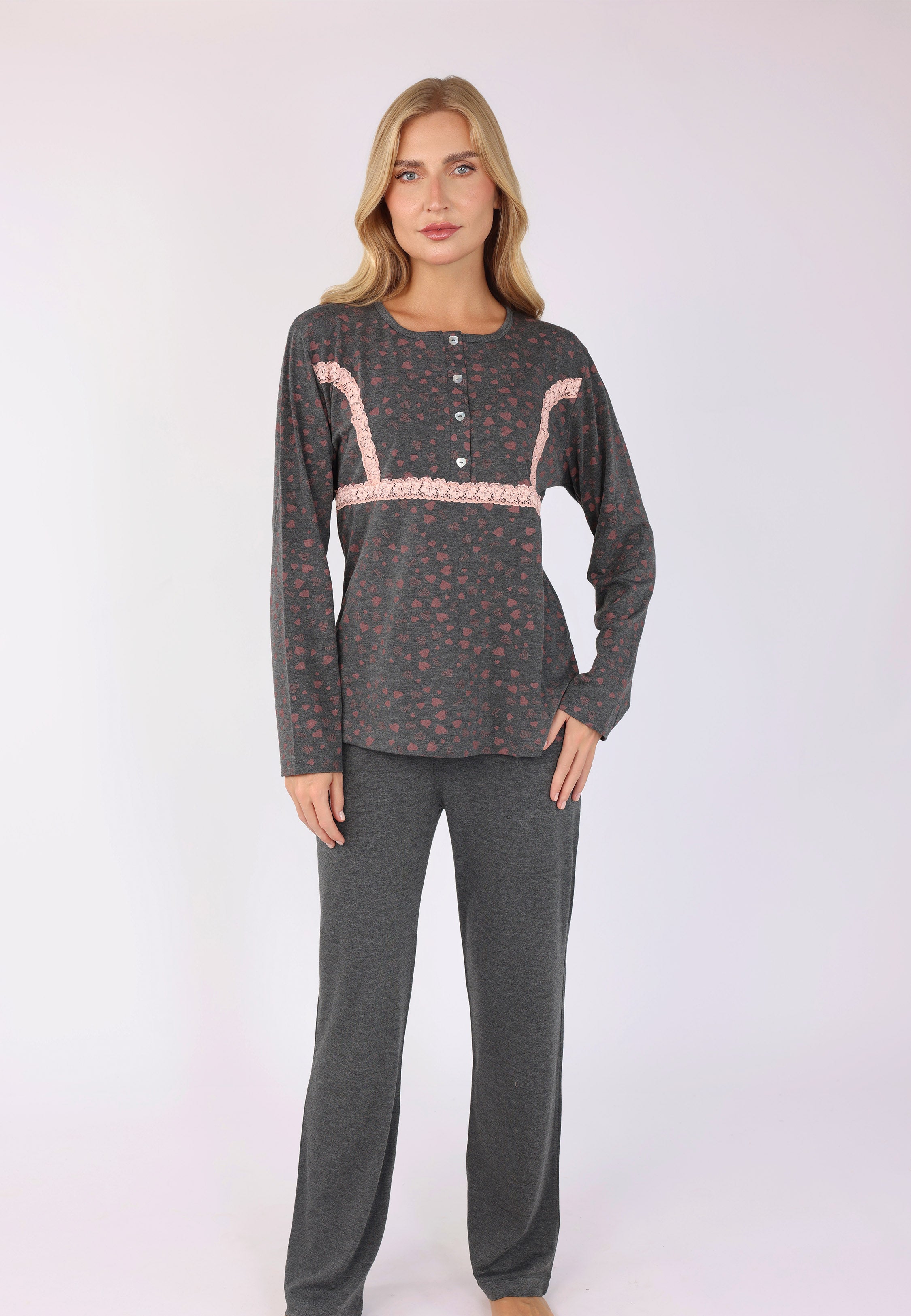 Ensemble Pyjama Motifs Cœurs & Dentelle | Collection LV SAUMON