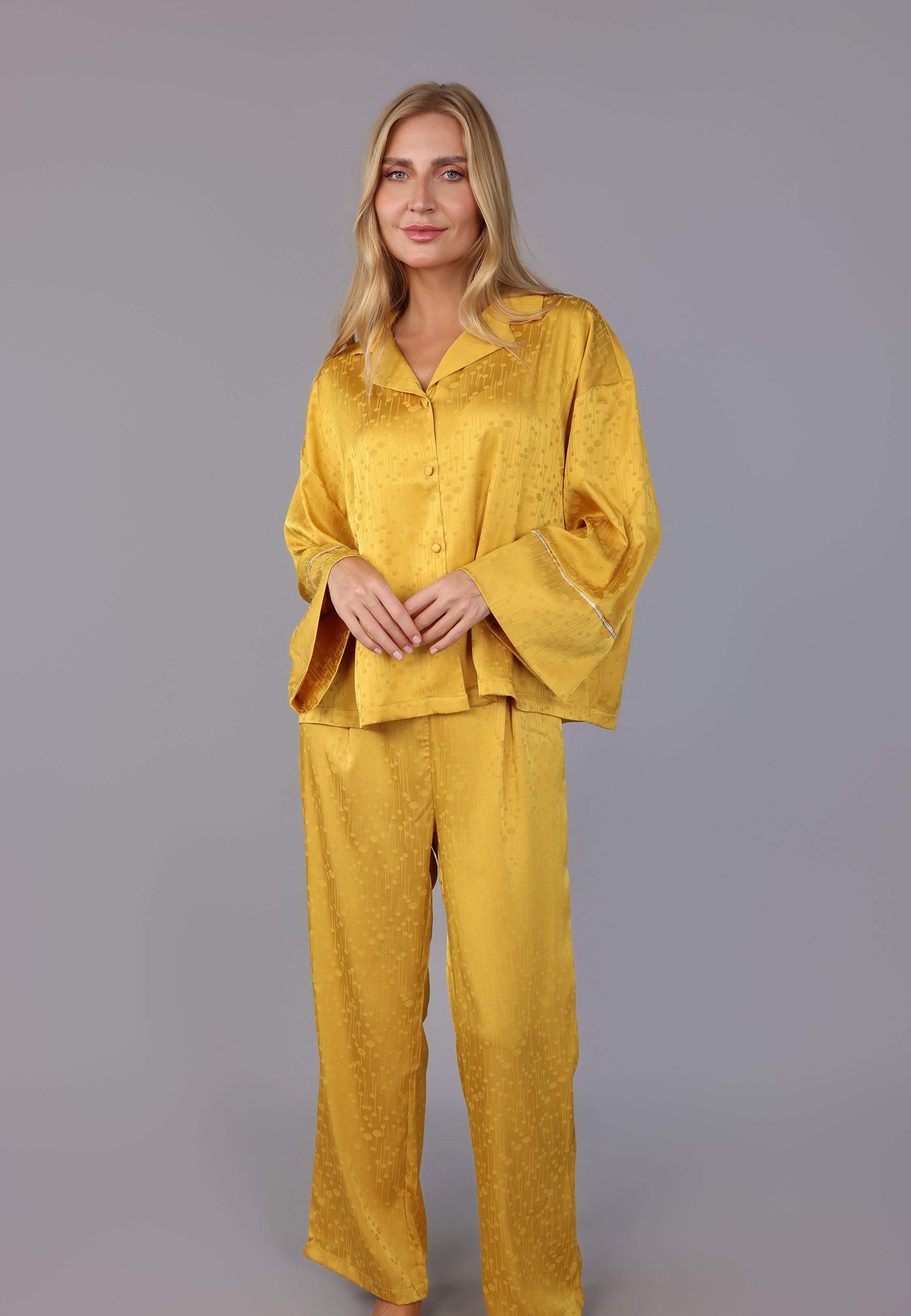 Pyjama Femme Satin Jaune Imprimé