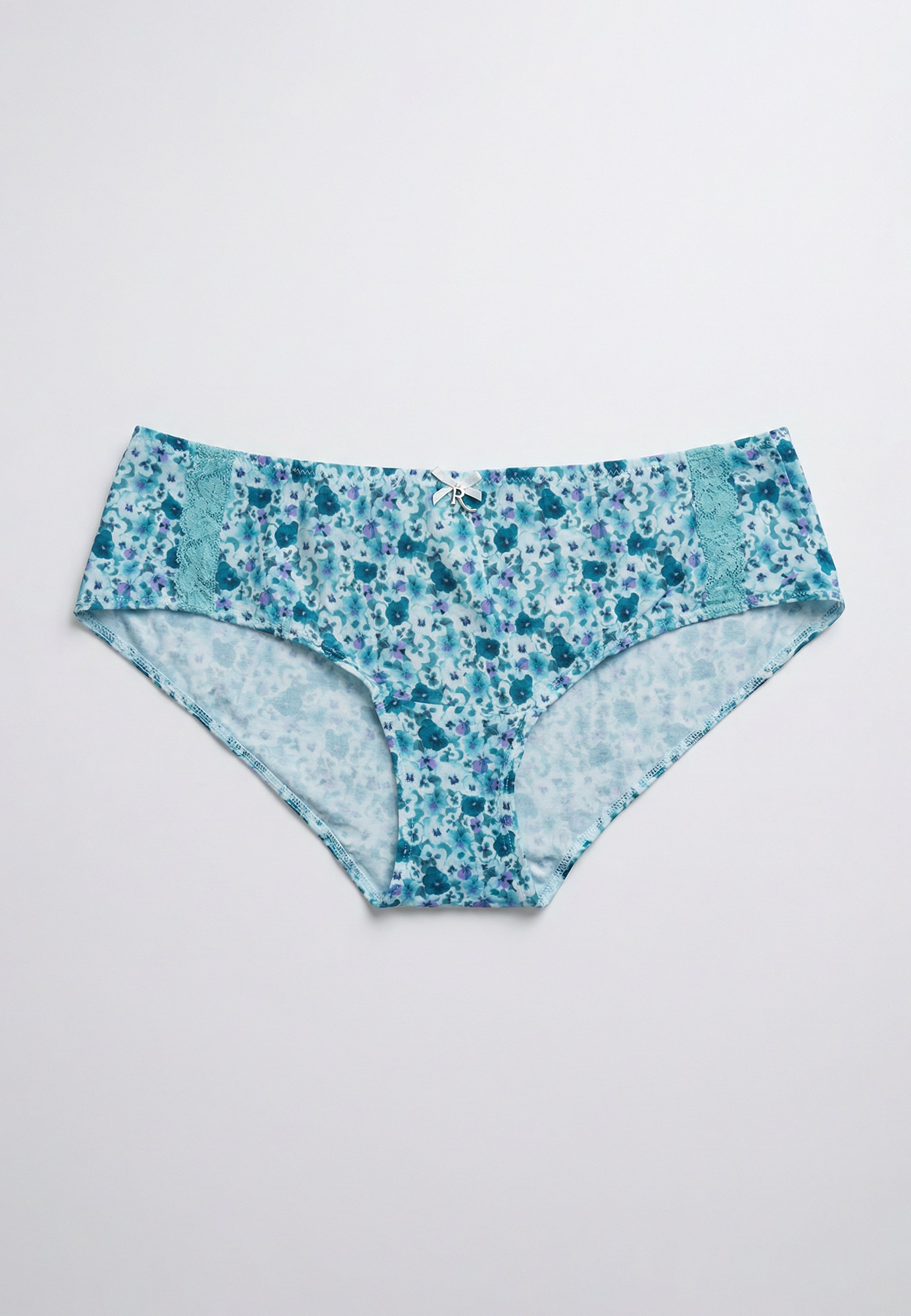 Boxer turquoise à imprimé floral pensées avec inserts en dentelle et nœud décoratif