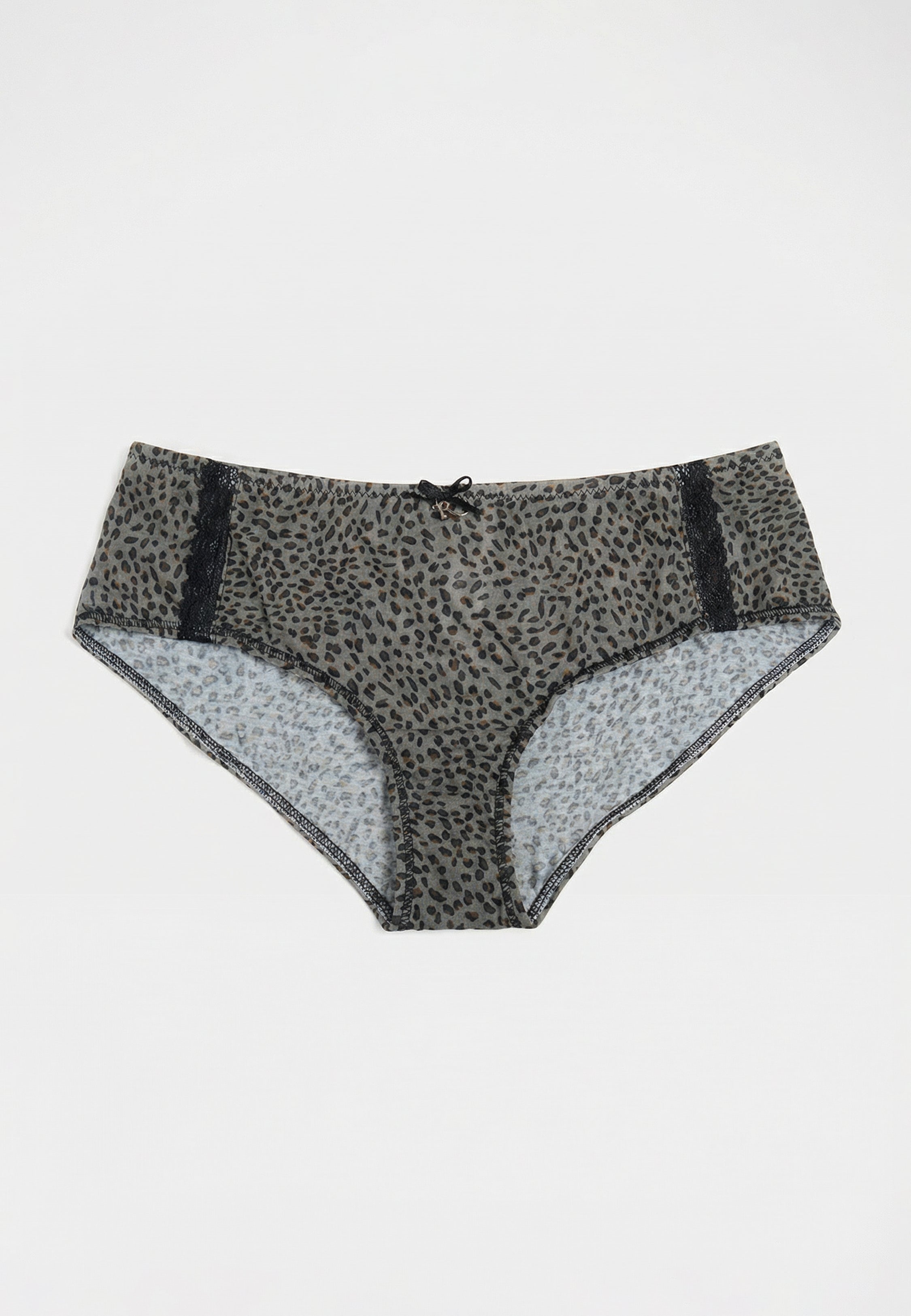 Boxer kaki à imprimé léopard avec inserts en dentelle noire et nœud décoratif