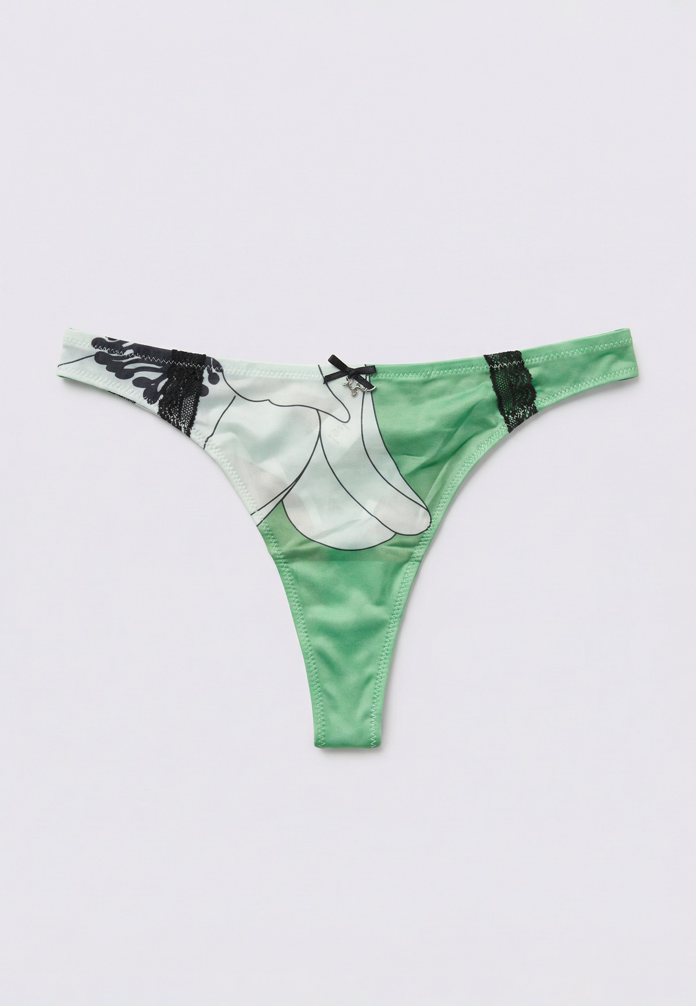 String vert menthe à imprimé magnolia blanc avec accents en dentelle noire et nœud décoratif