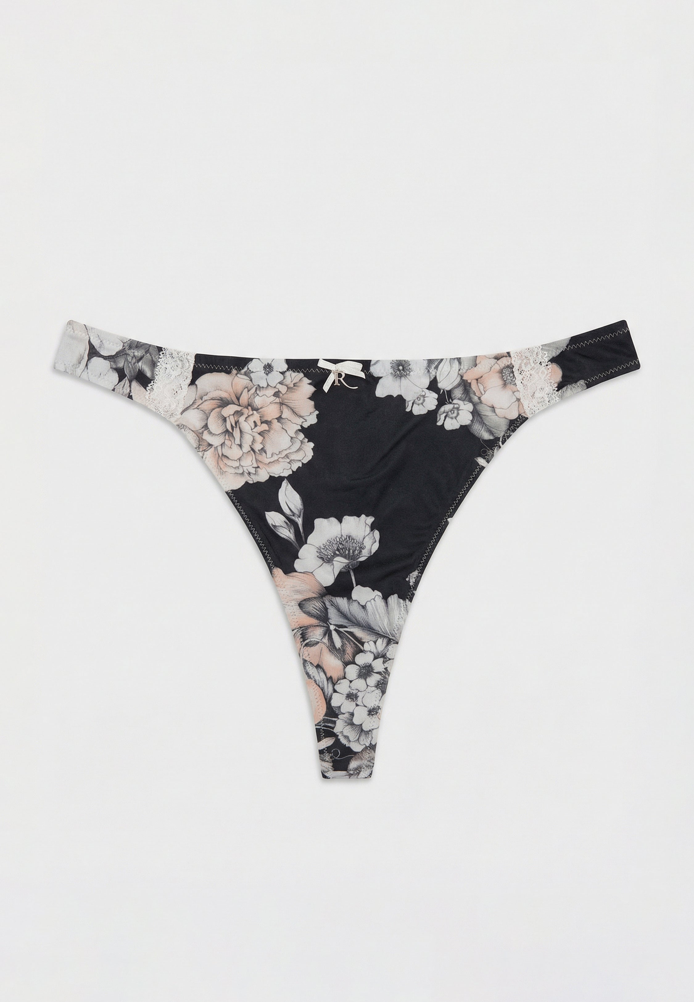 String noir à imprimé floral avec bordure en dentelle et nœud décoratif assorti à la nuisette