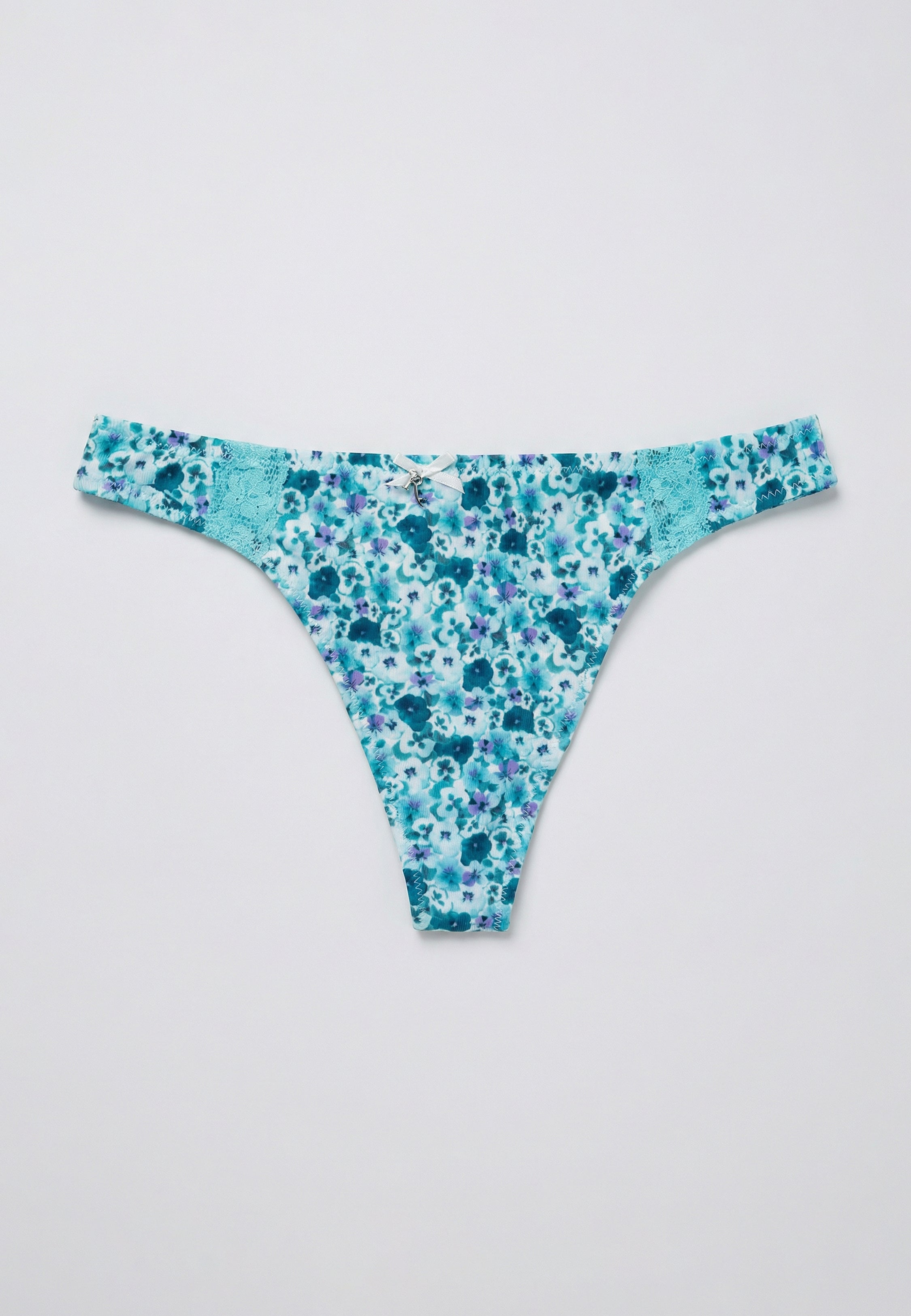 String turquoise à imprimé floral pensées avec bordure en dentelle et nœud décoratif