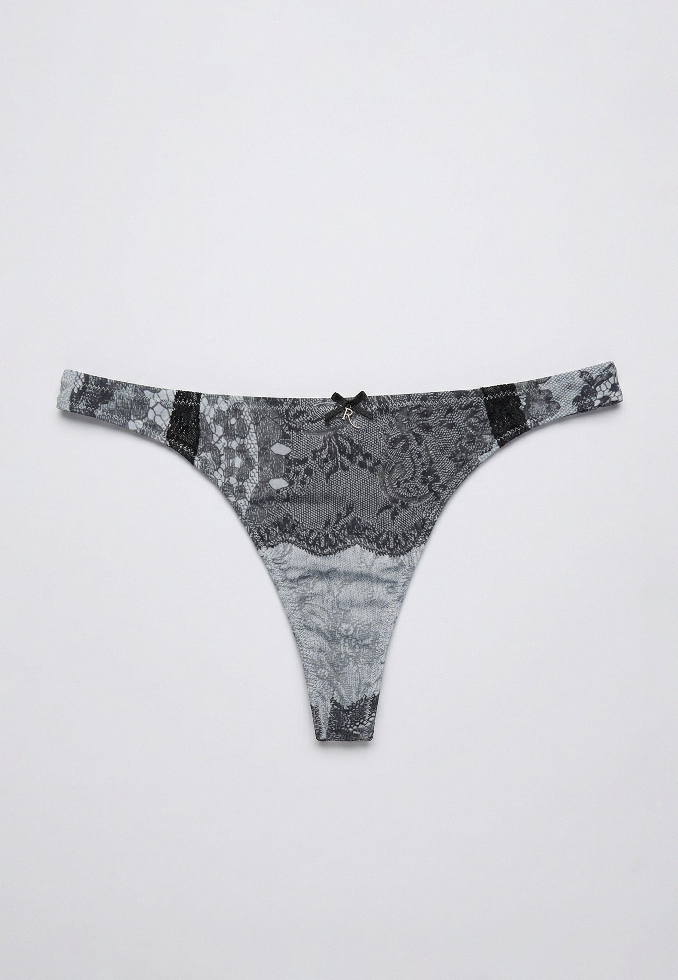 String gris à imprimé dentelle ombré avec accents noirs et nœud décoratif