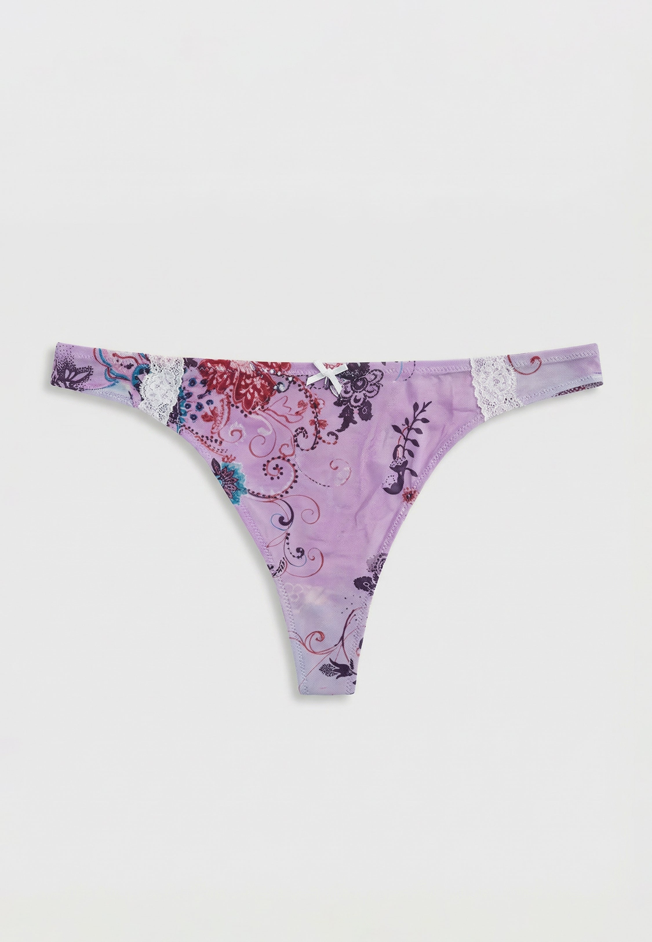 String mauve à imprimé floral bohème avec accents en dentelle blanche et nœud décoratif