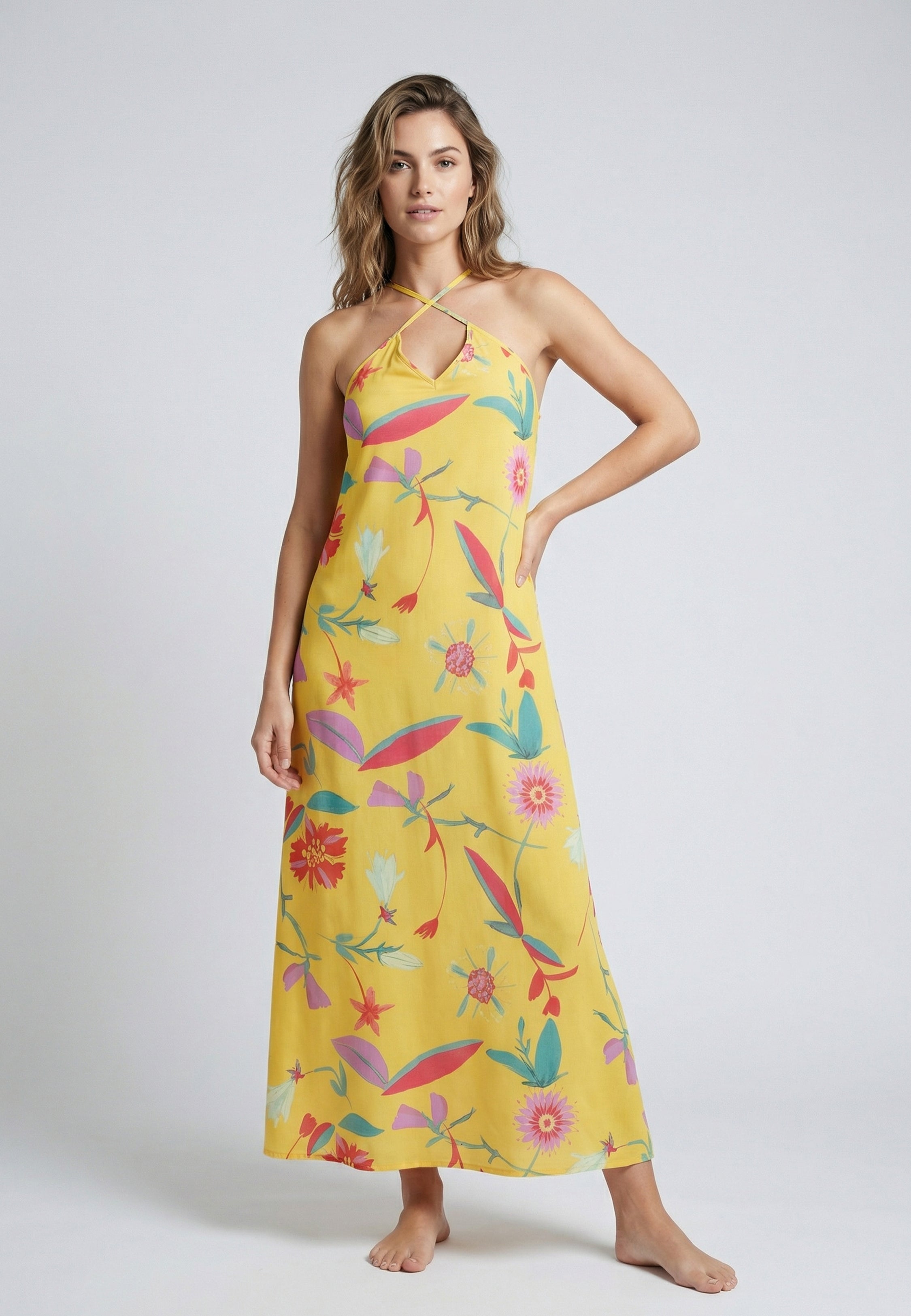 Robe Femme Jaune Imprimée Fluide