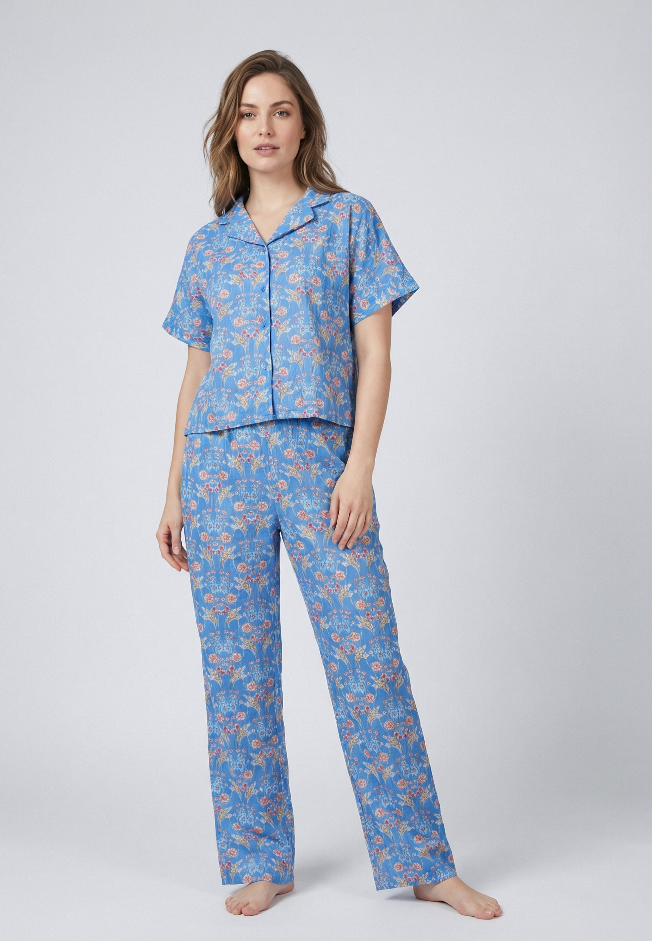Pyjama femme bleu imprimé floral en coton avec ensemble 2 pièces confortable et léger